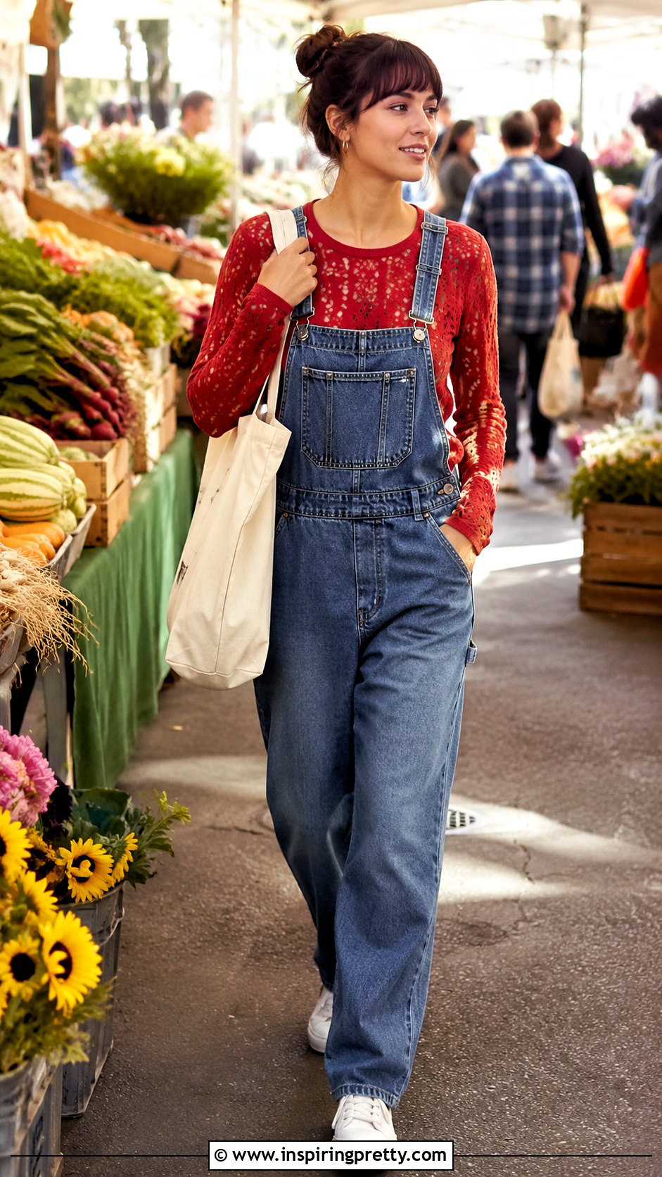 Red Crochet Top With Denim Overalls - 50 Red Crochet Top outfit ideas
