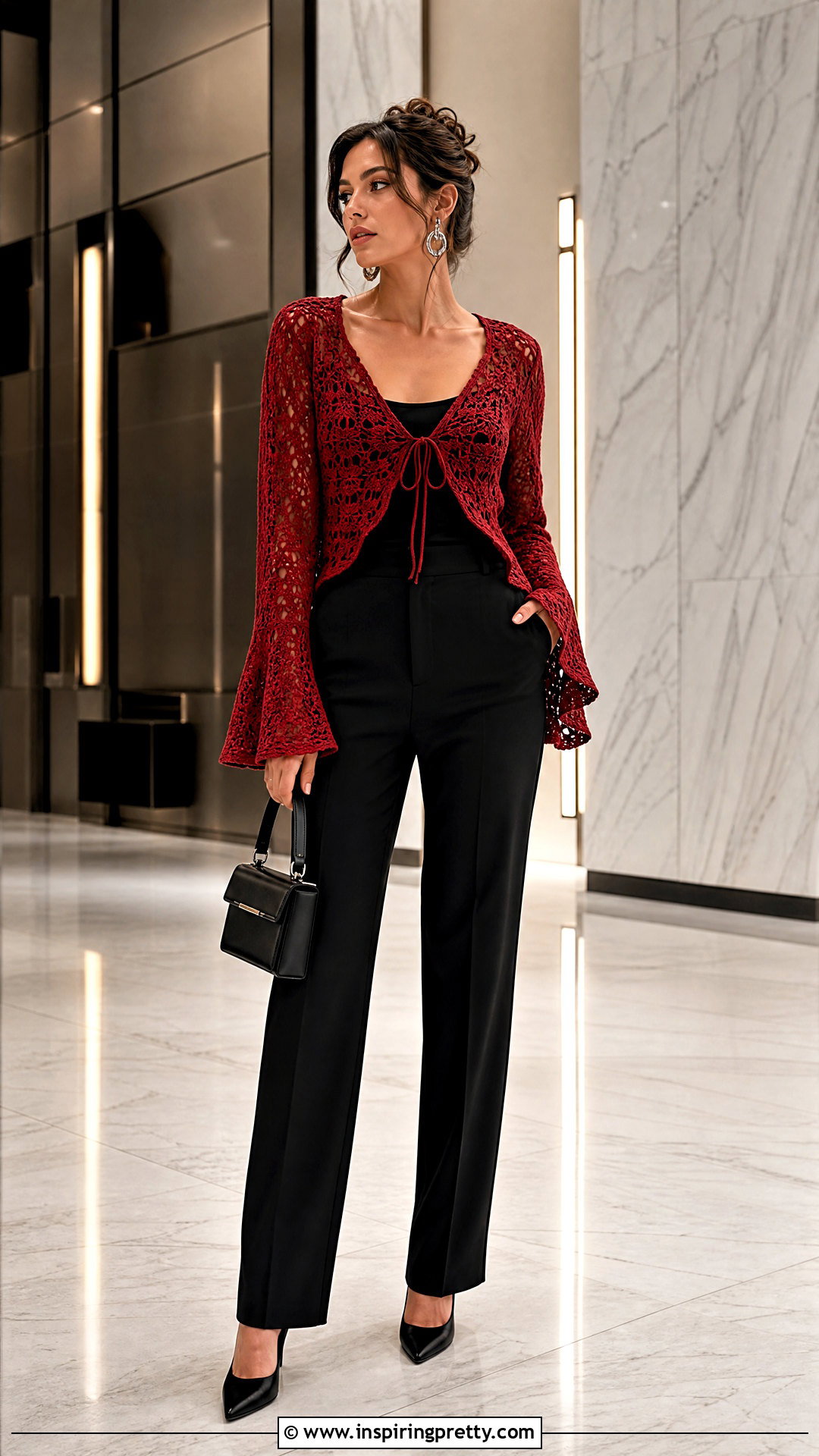Red Crochet Top With Flare Sleeves And Black Pants - 25 Crochet Top With Flare Sleeves