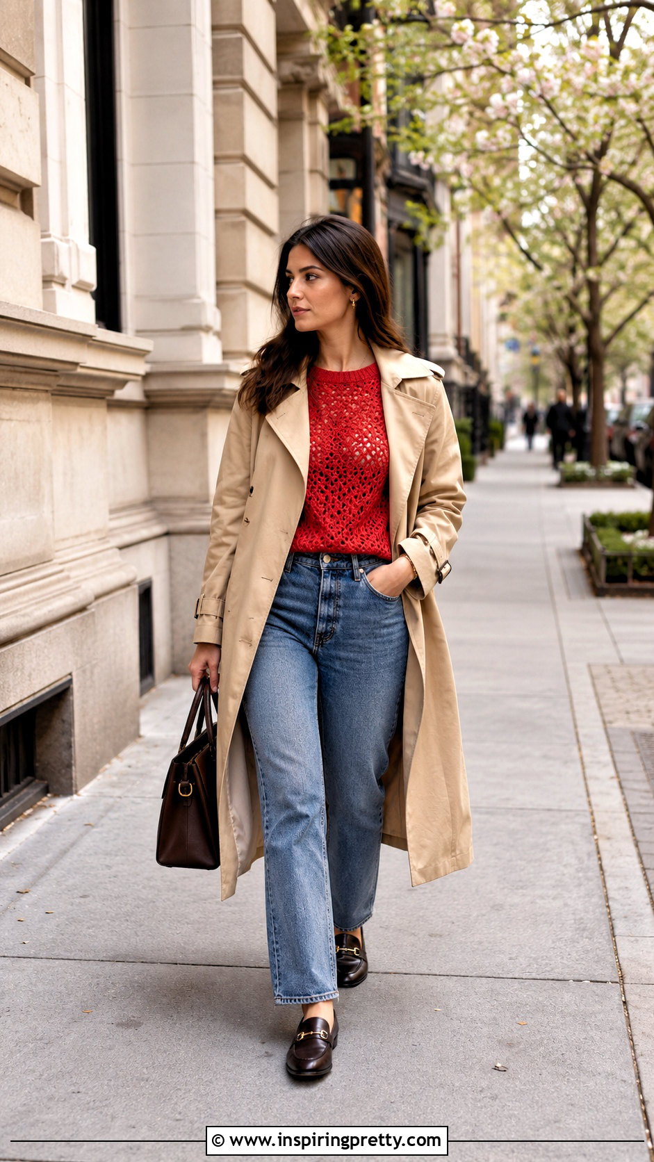 Red Crochet Top With Trench Coat And Jeans - 50 Red Crochet Top outfit ideas