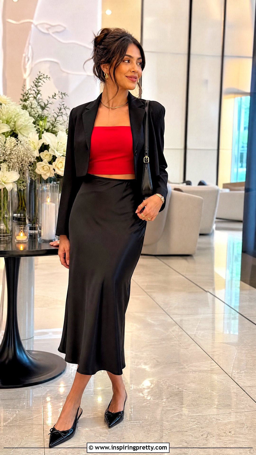 Red Crop Top And Black Midi Skirt Outfit - 50 crop top and skirt outfits