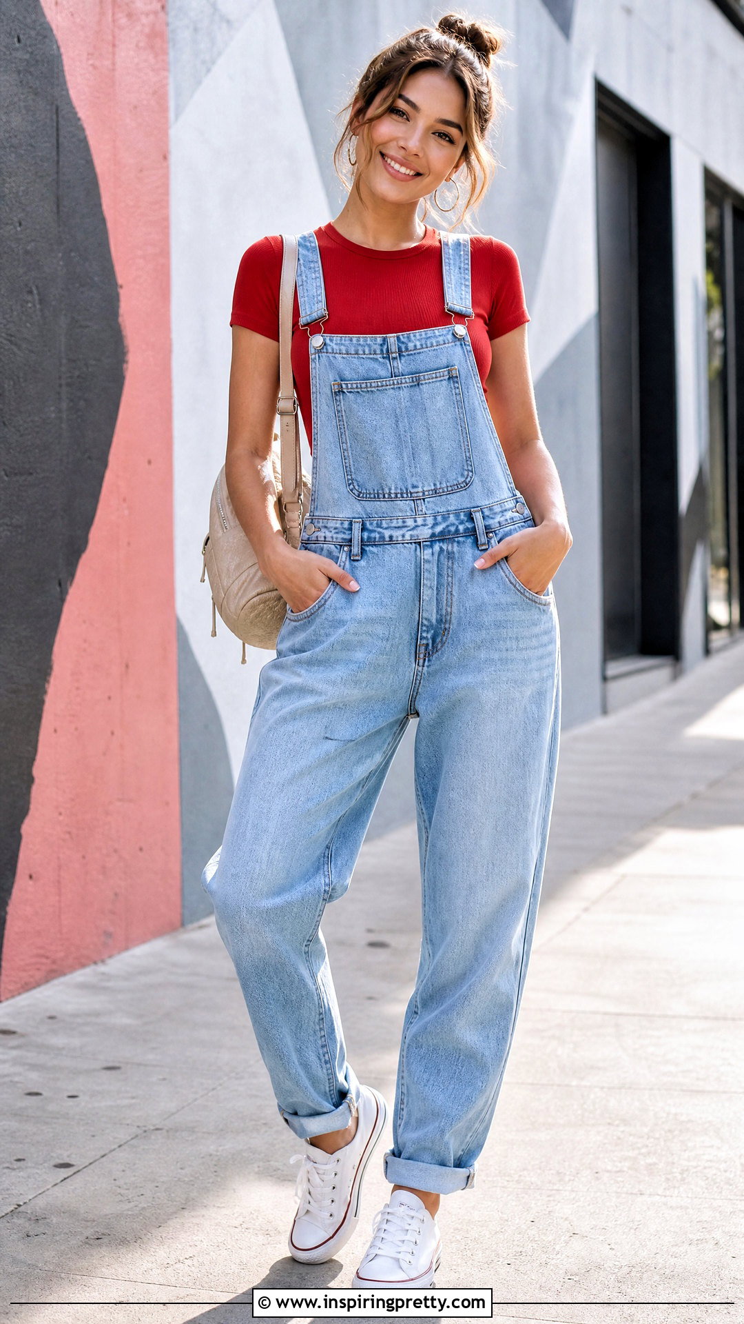 Red Crop Top Under Denim Overalls - how to style red crop tops (20 ways)