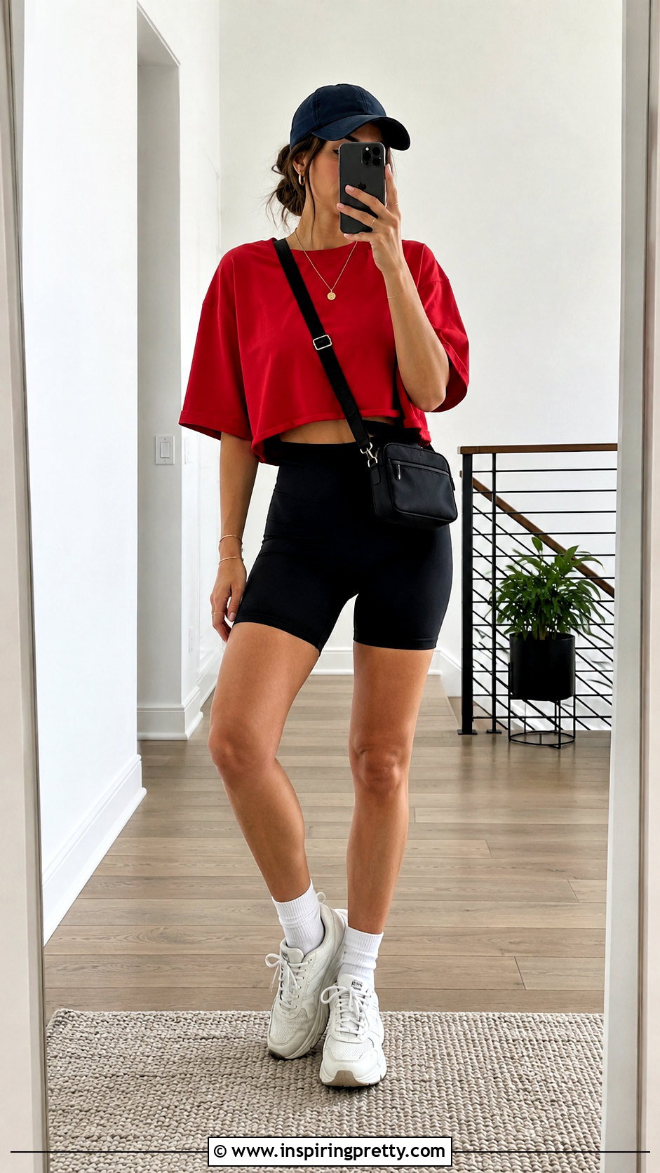 Red Crop Top With Black Biker Shorts And Sneakers - 20 Red Crop Top Outfit With Sneakers
