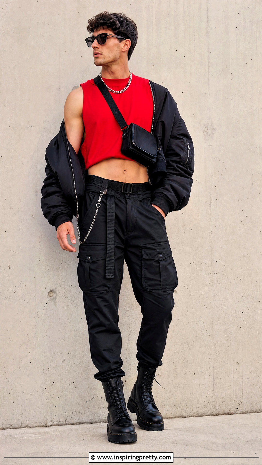 Red Crop Top With Black Cargo Pants - 50 male crop top outfit ideas
