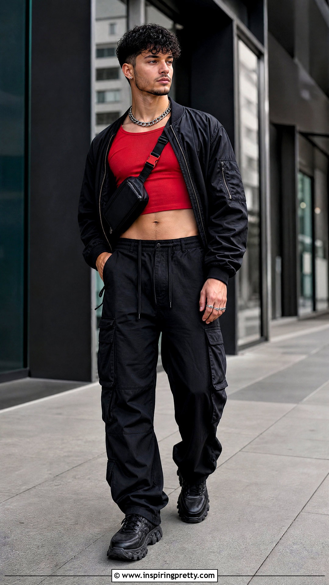 Red Crop Top With Black Cargos - 25 man crop top aesthetic ideas
