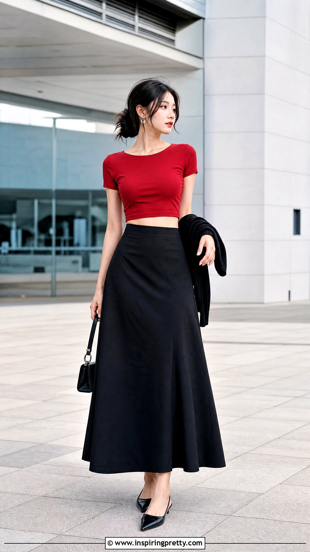 Red Crop Top With Black Maxi Skirt Outfit - 50 crop top outfits korean styles