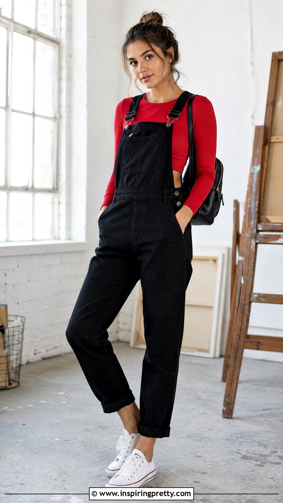Red Crop Top With Black Overalls And Sneakers - 20 Red Crop Top Outfit With Sneakers