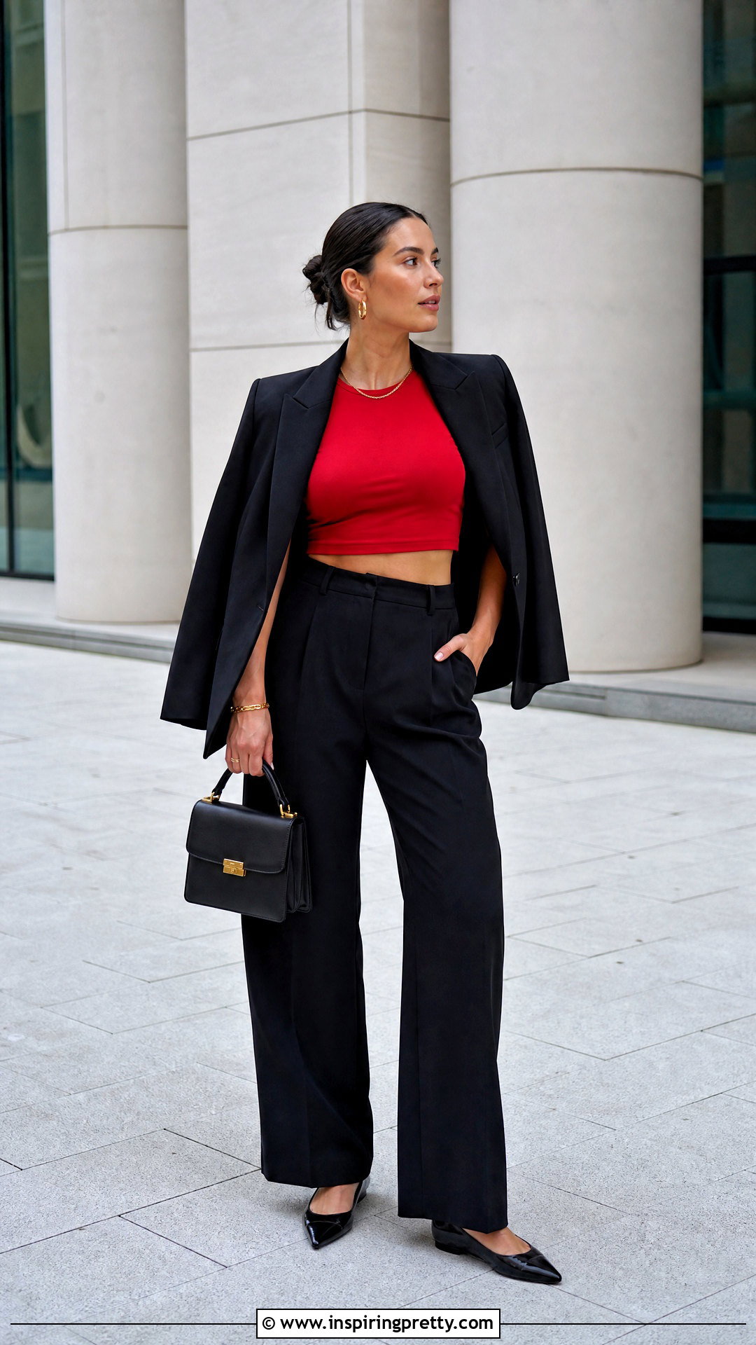 Red Crop Top With Black Trousers - 50 aesthetic crop top outfit ideas