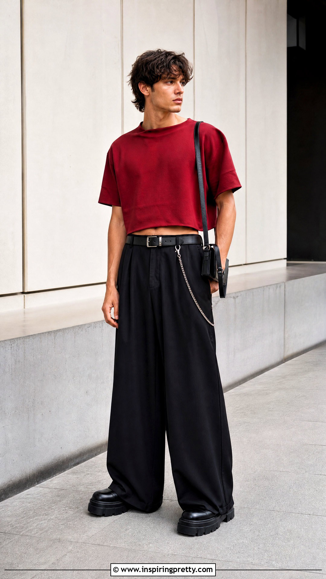 Red Crop Top With Black Wide Leg Pants - 50 male crop top outfits