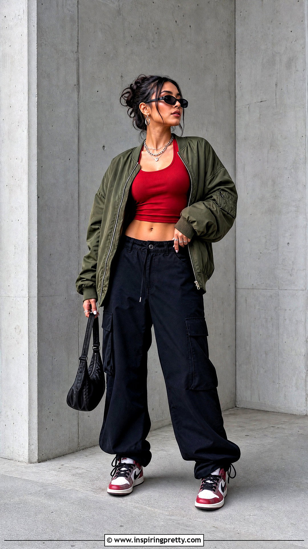 Red Crop Top With Bomber Jacket And Cargos - 50 red crop top outfit ideas