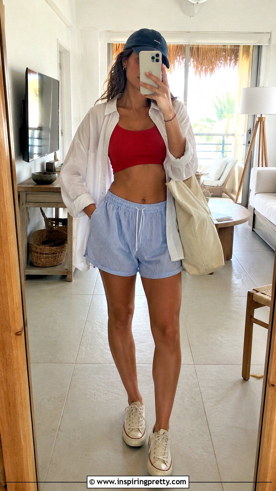 Red Crop Top With Boxer Shorts And Open Shirt - 20 summer red crop top outfit ideas