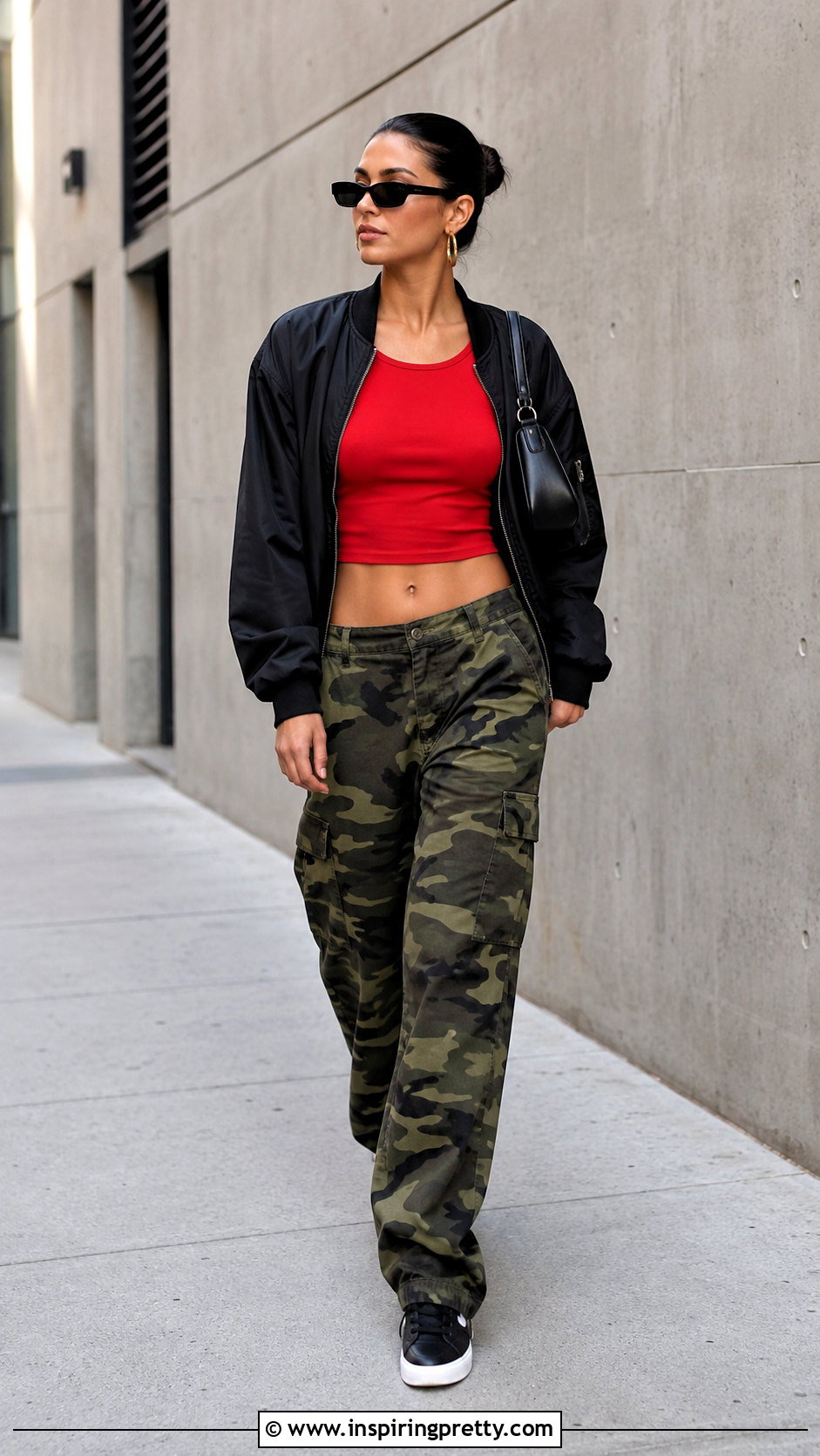 Red Crop Top With Camouflage Pants And Black Sneakers - 20 Red Crop Top Outfit With Sneakers