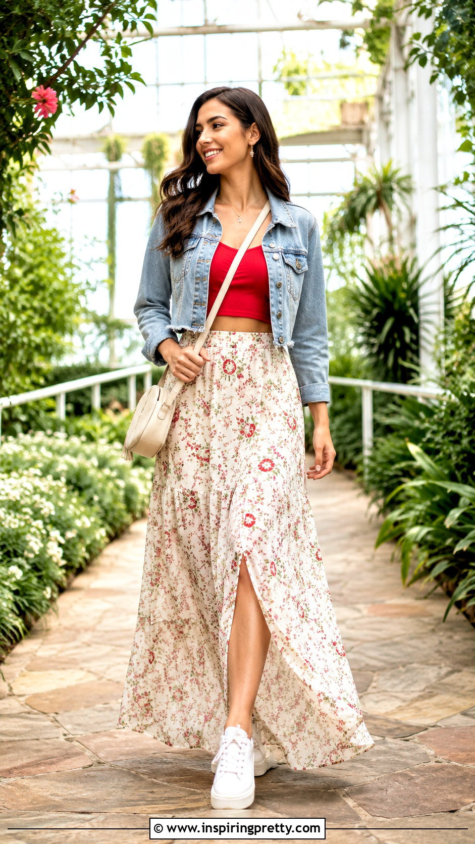 Red Crop Top With Floral Maxi Skirt And Sneakers - 20 Red Crop Top Outfit With Sneakers