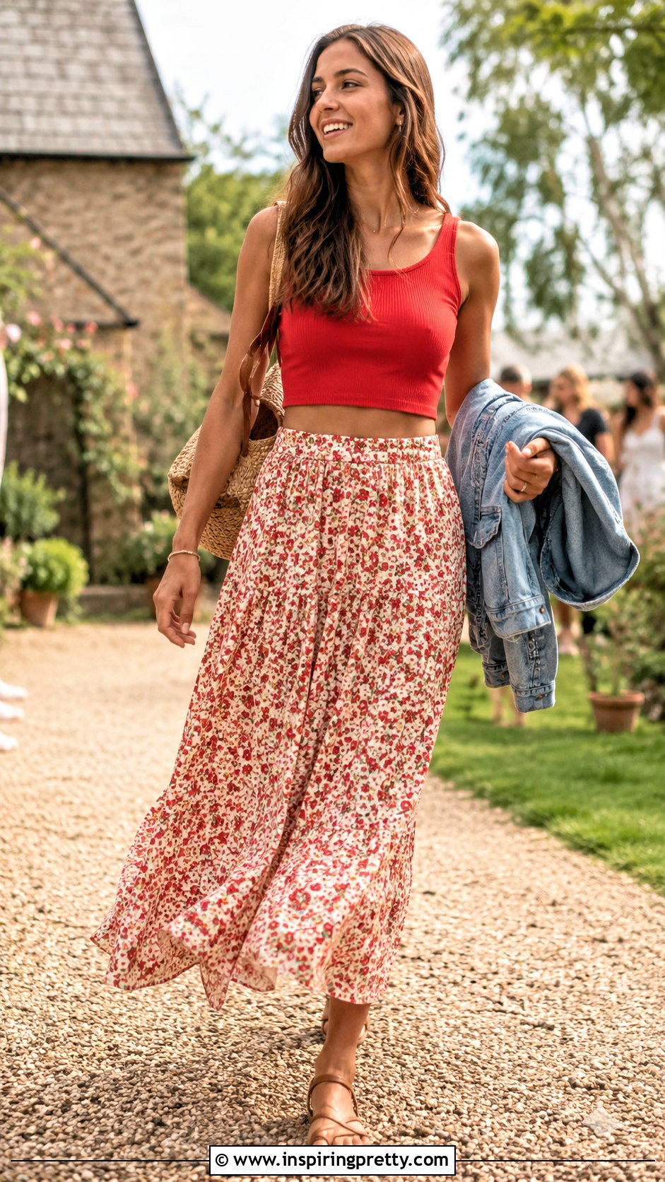 Red Crop Top With Floral Maxi Skirt - 20 Red Crop Tops Collections
