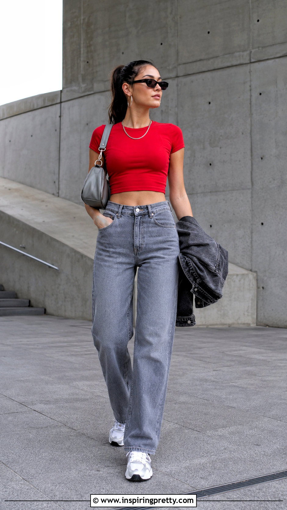 Red Crop Top With Gray Jeans And Silver Accessories - 20 red crop top with jeans and accessories