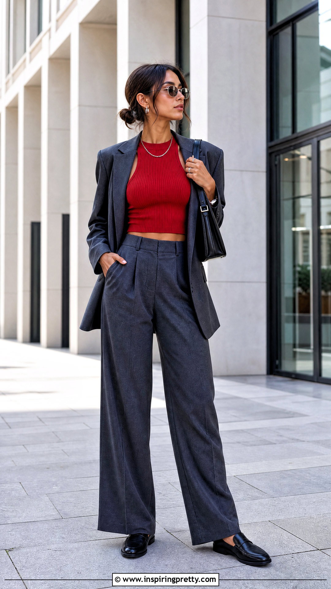 Red Crop Top With Gray Tailored Trousers - 50 red crop top outfit ideas