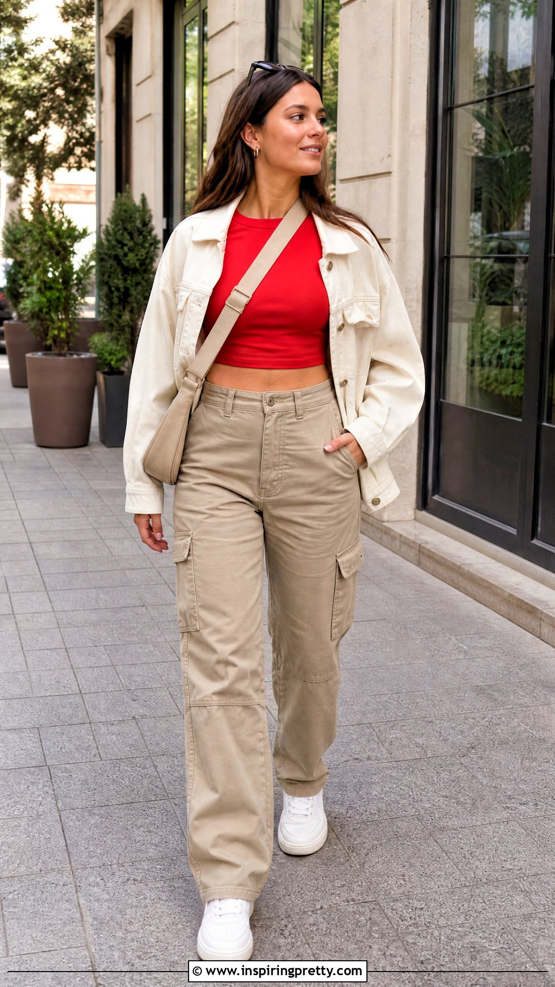 Red Crop Top With Khaki Utility Pants - 50 red crop top outfit ideas