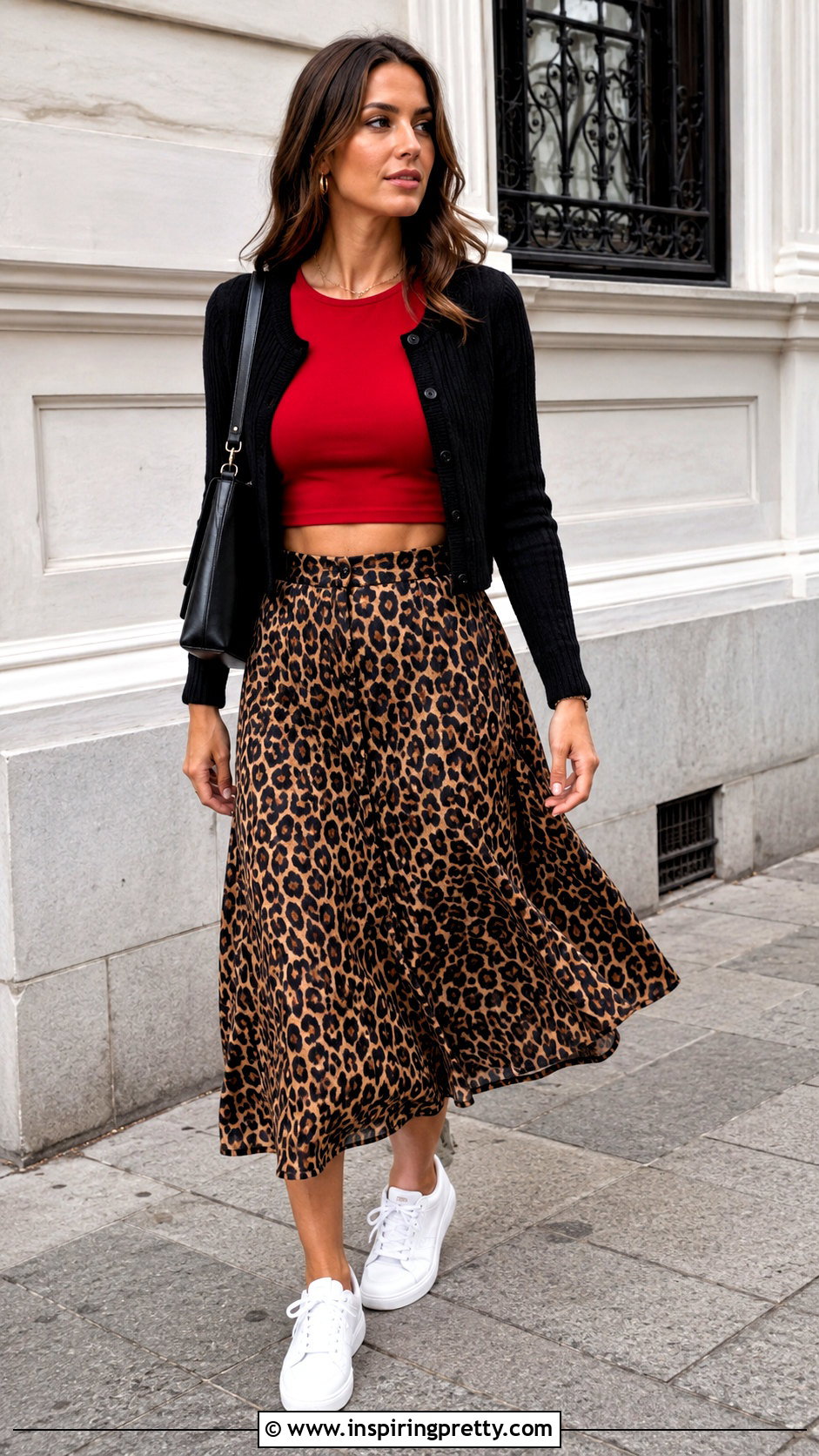 Red Crop Top With Leopard Midi Skirt And Sneakers - 20 Red Crop Top Outfit With Sneakers