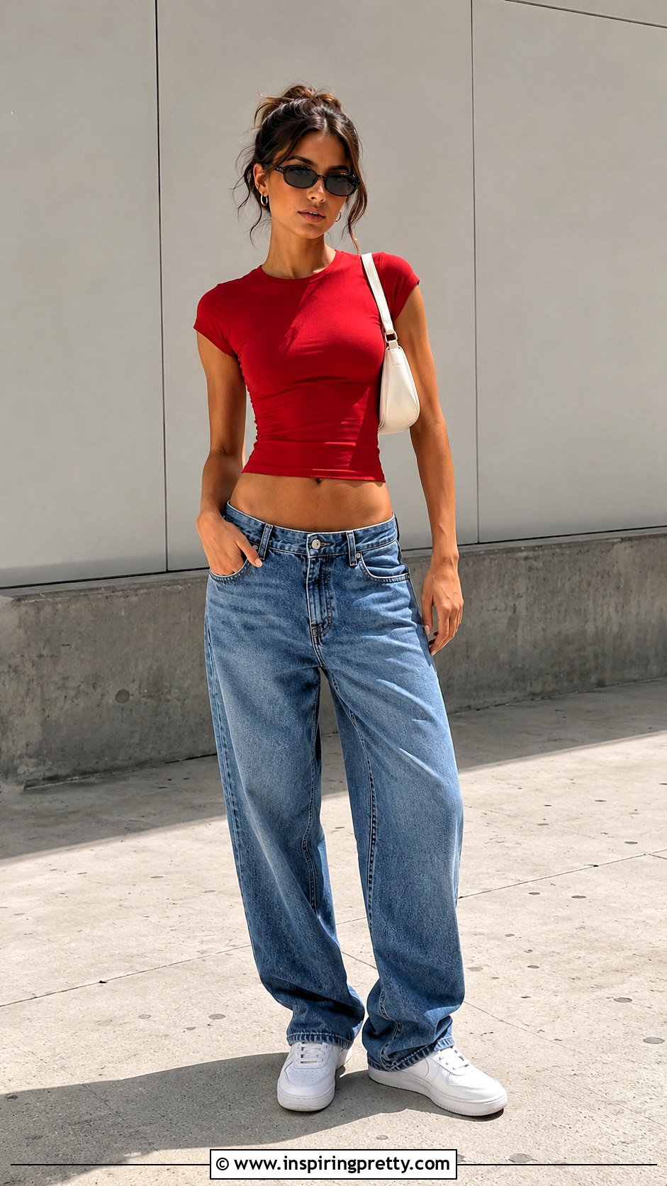 Red Crop Top With Low Rise Relaxed Jeans - 20 red crop top with jeans and accessories