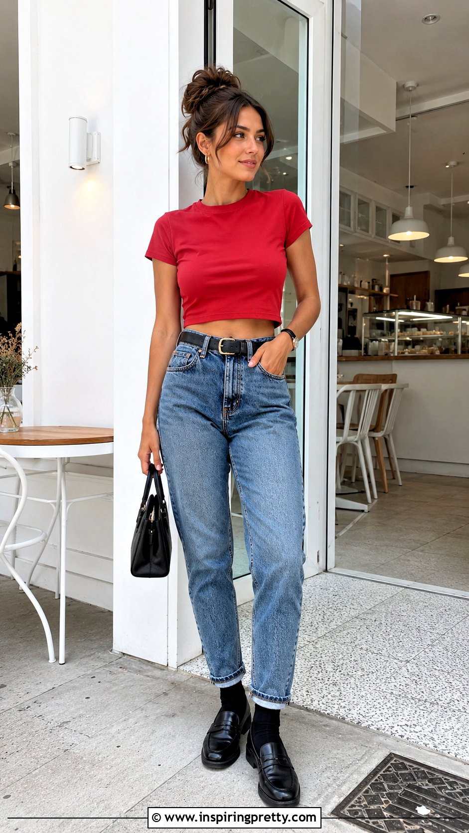 Red Crop Top With Mom Jeans And Loafers - 20 red crop top with jeans and accessories