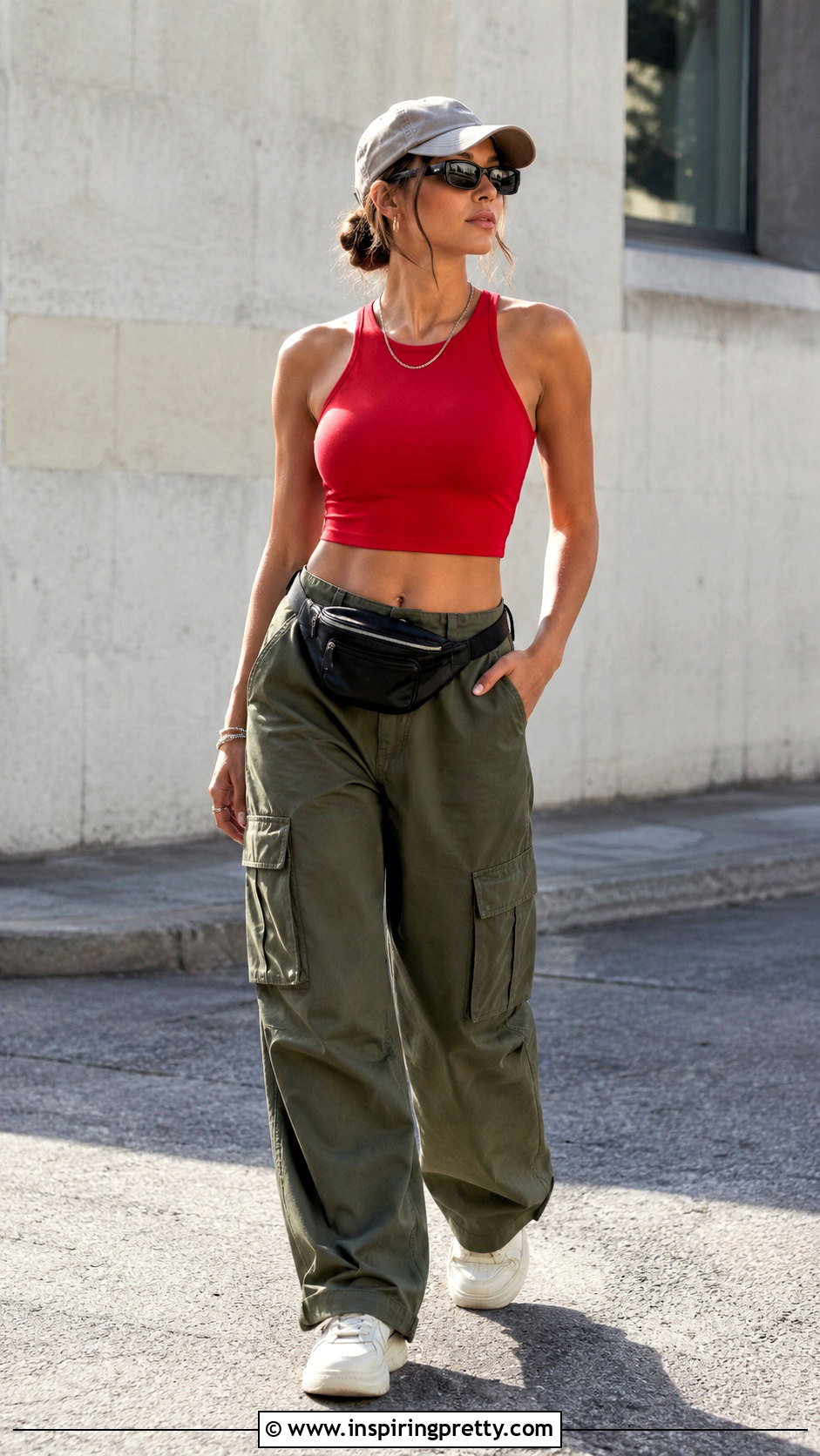 Red Crop Top With Olive Cargo Pants - 20 summer red crop top outfit ideas