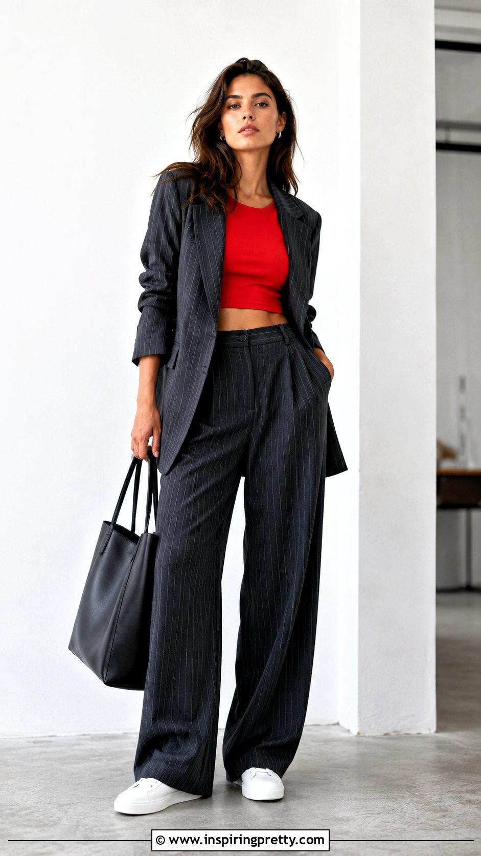 Red Crop Top With Pinstripe Trousers And Sneakers - 20 Red Crop Top Outfit With Sneakers