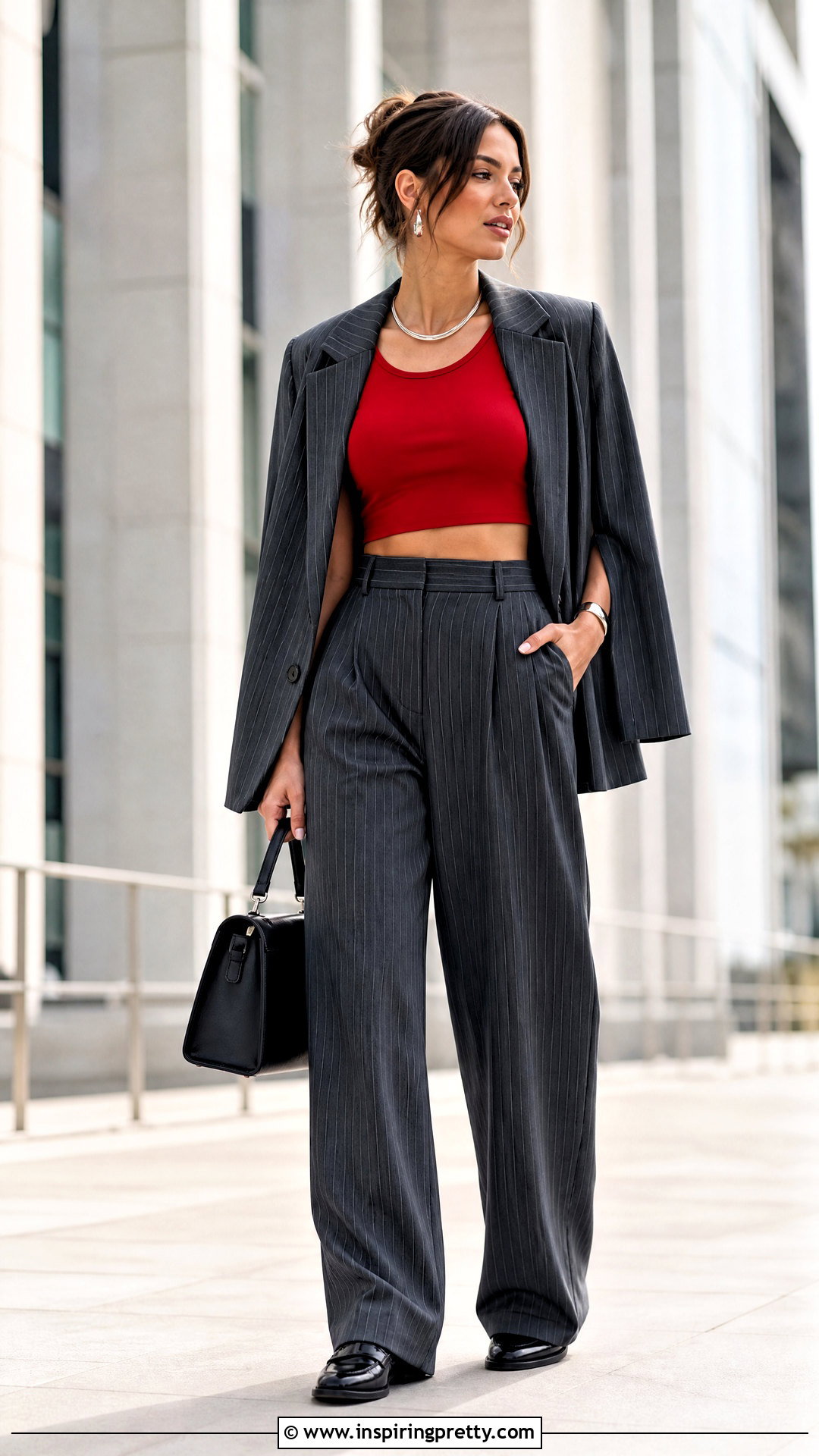Red Crop Top With Pinstripe Trousers - 50 red crop top outfit ideas