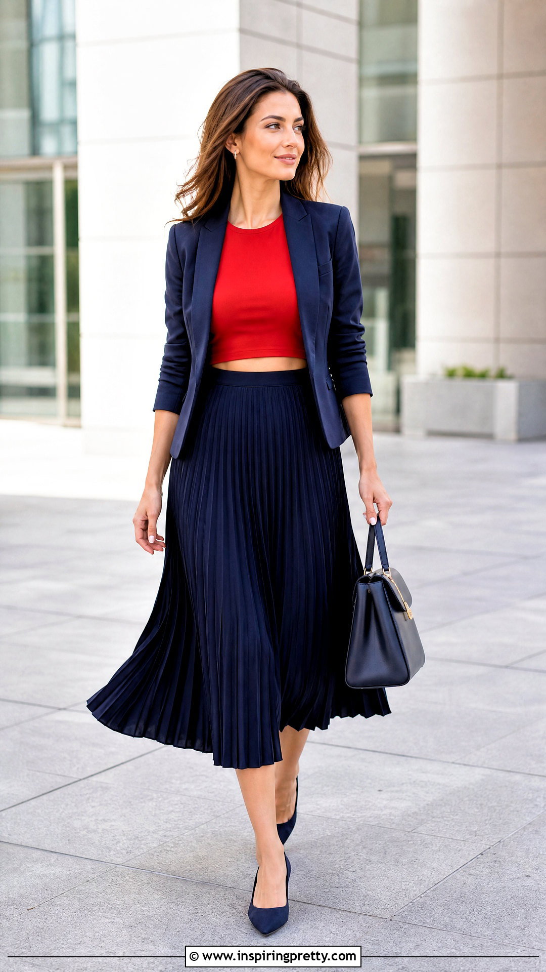 Red Crop Top With Pleated Midi Skirt - 50 red crop top outfit ideas