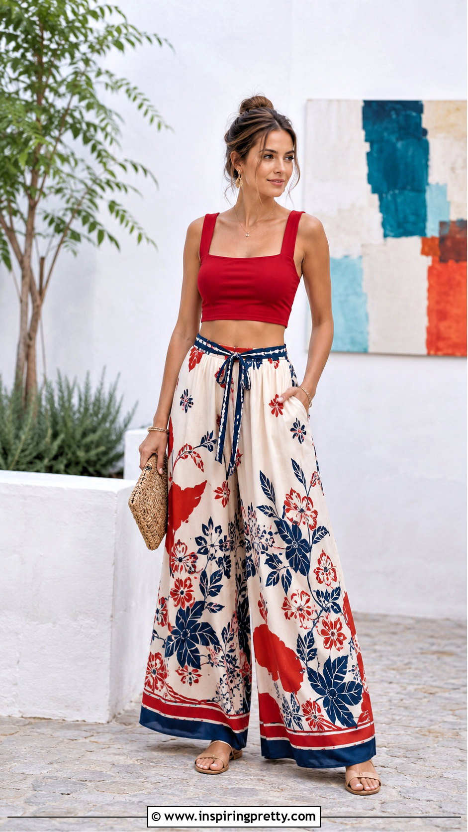 Red Crop Top With Printed Palazzo Pants - 20 summer red crop top outfit ideas