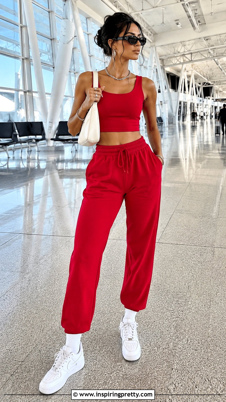 Red Crop Top With Red Track Pants And Sneakers - 20 Red Crop Top Outfit With Sneakers