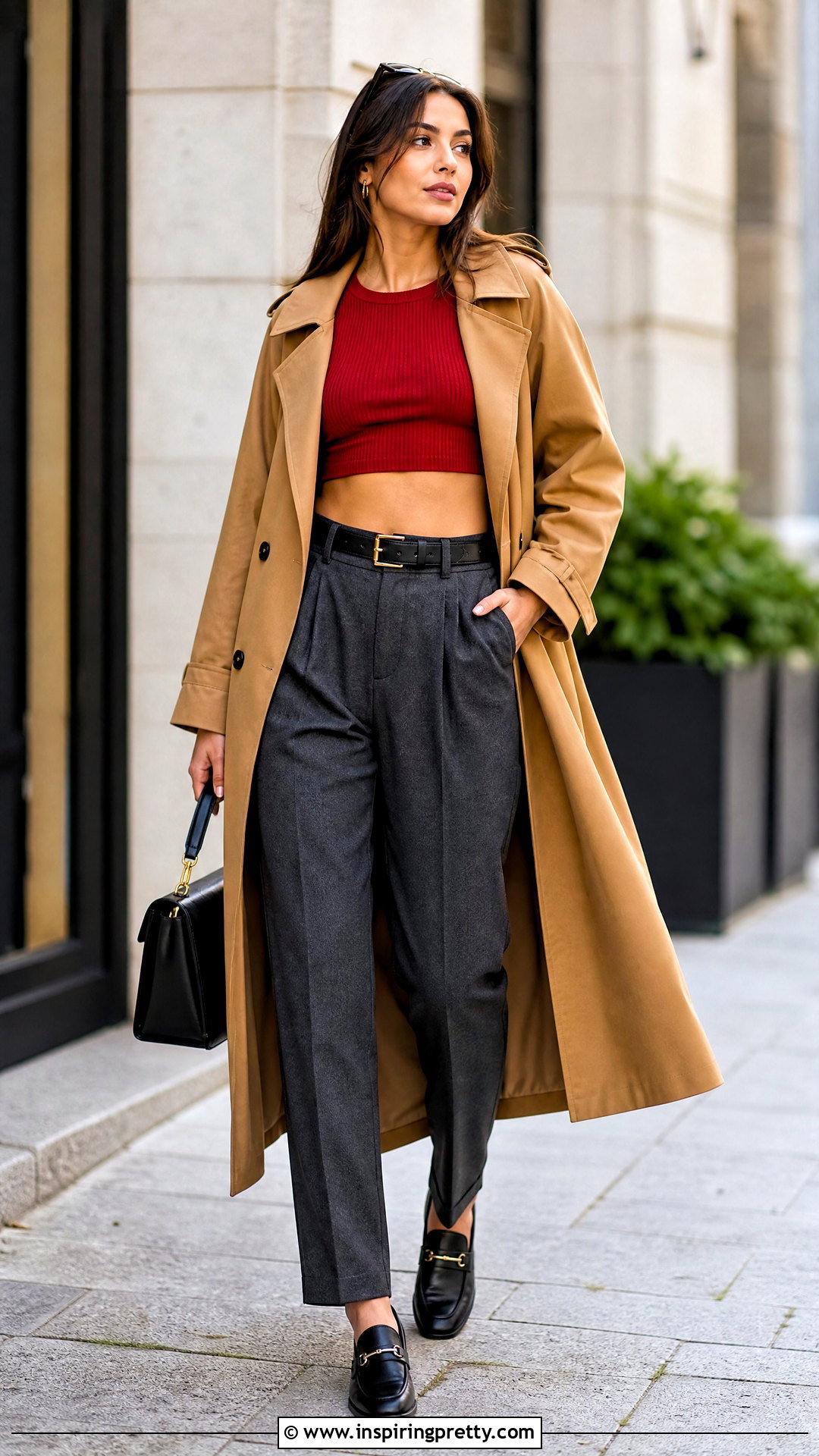 Red Crop Top With Trench Coat And Trousers - 50 red crop top outfit ideas