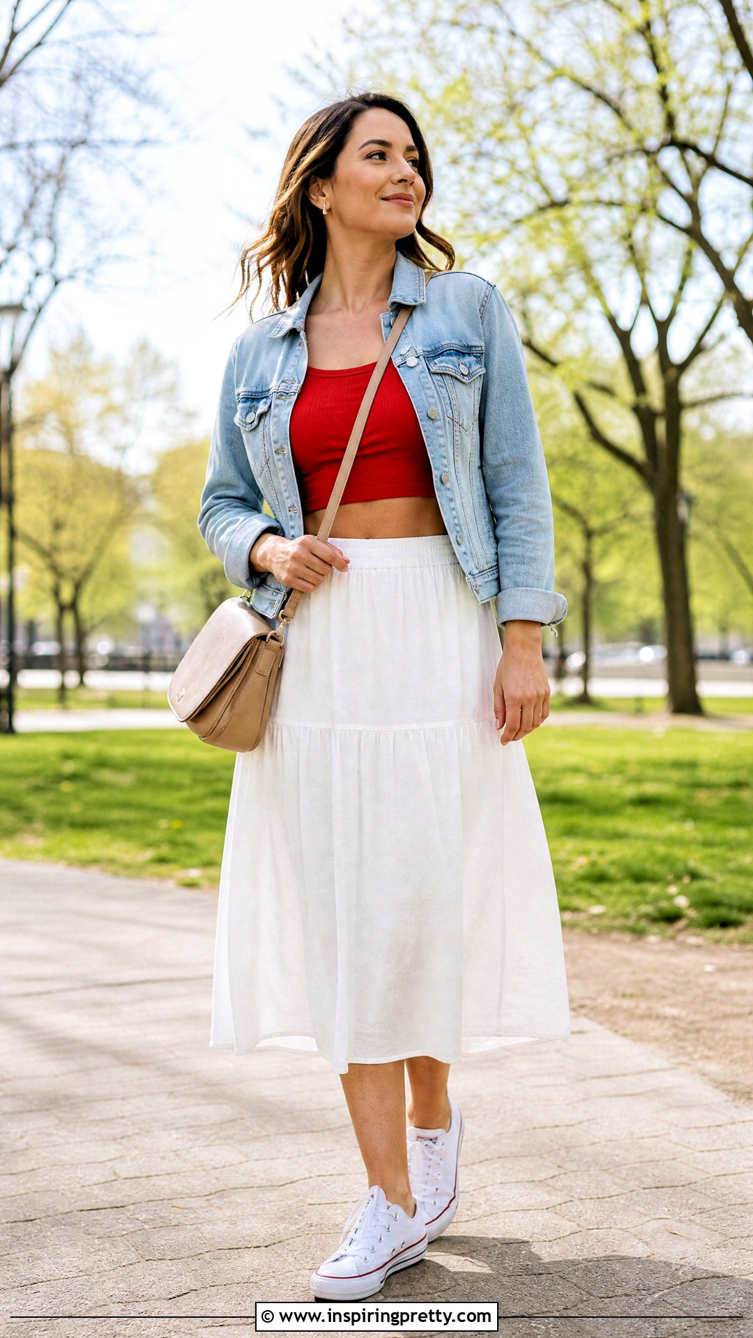 Red Crop Top With White Skirt And Denim Jacket - how to style red crop tops (20 ways)