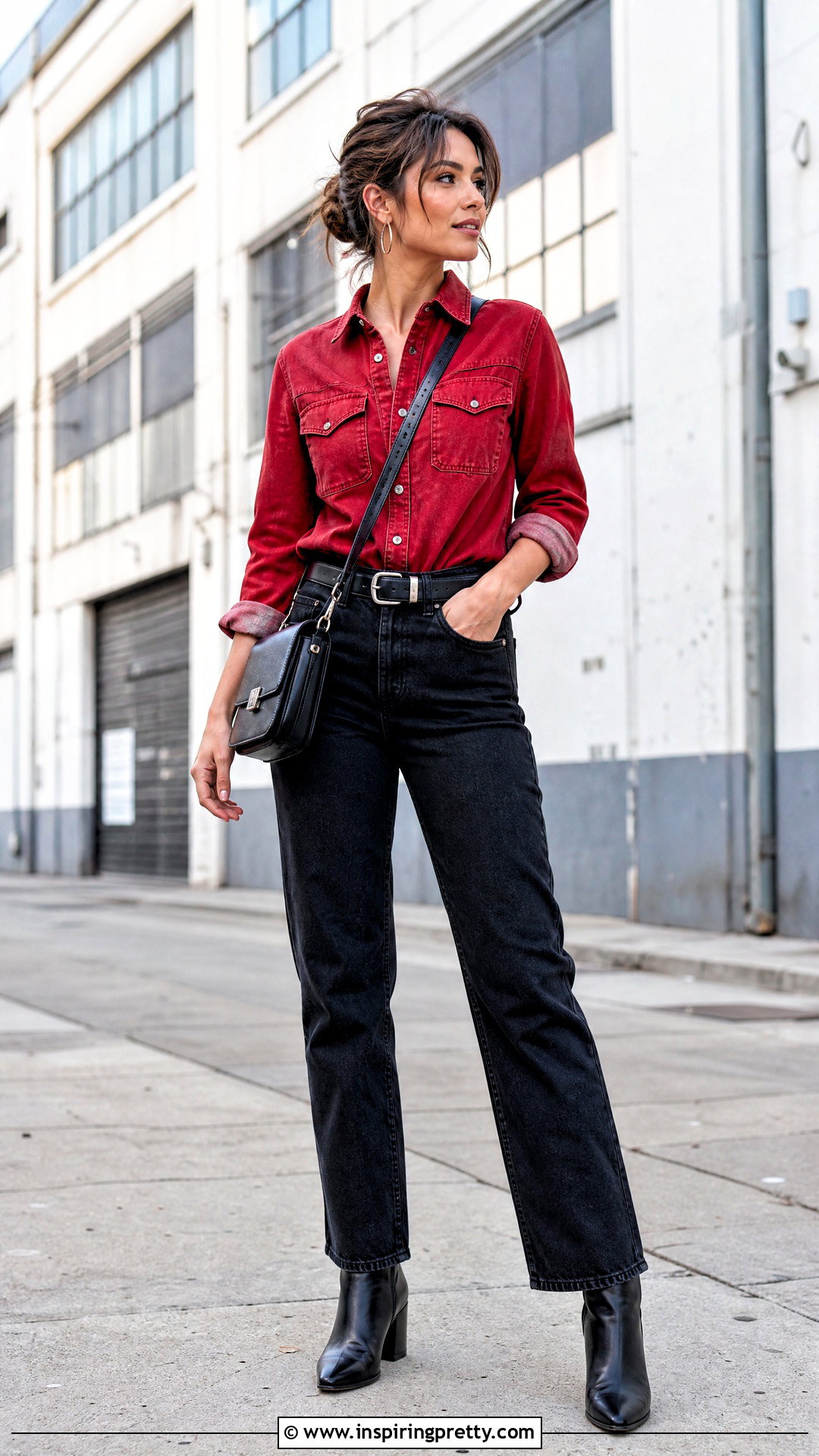 Red Denim Shirt With Black Jeans - 50 red top and jeans