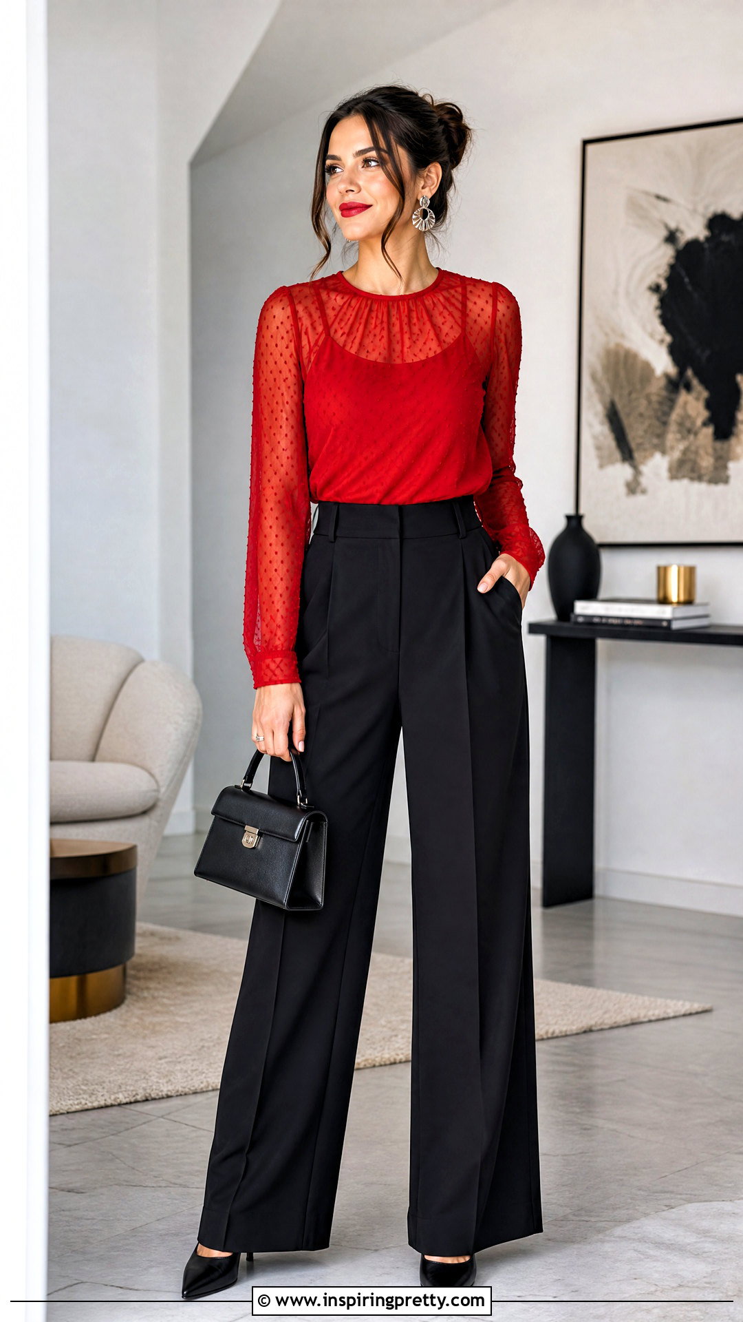 Red Dobby Mesh Top With Black Pants - 20 dobby mesh top outfit ideas