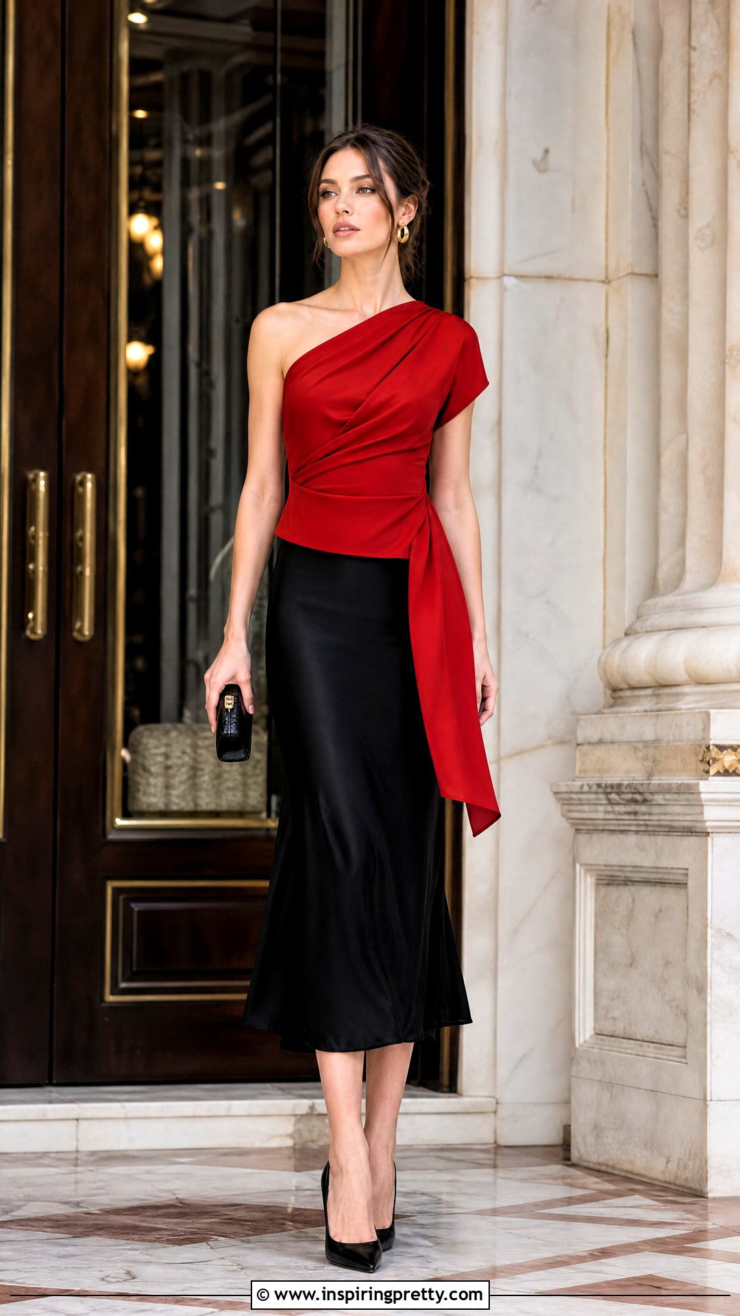 Red Draped Top With Black Midi Skirt - 50 draped top outfit ideas