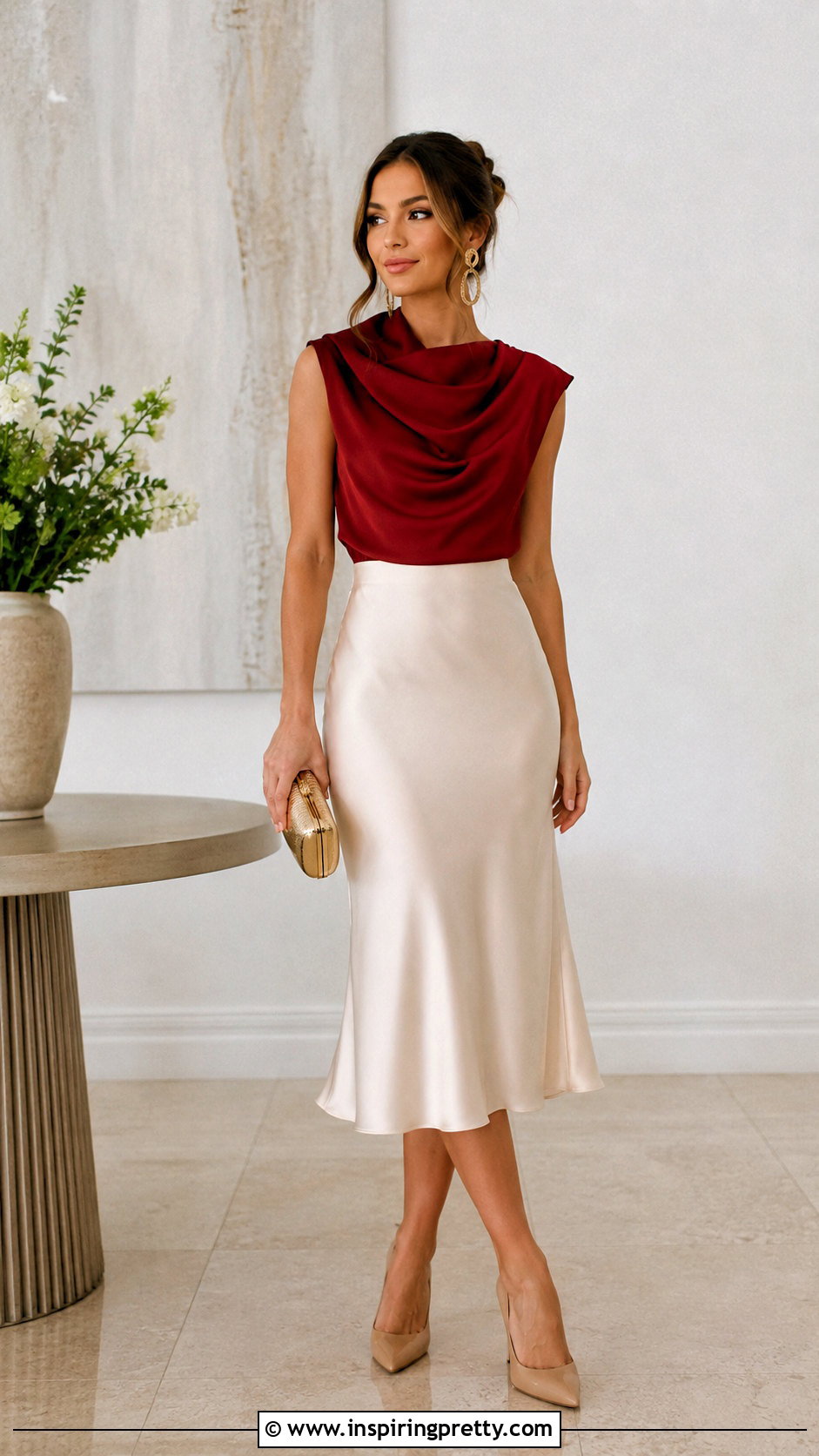 Red Draped Top With Cream Satin Skirt - 50 red top outfit party ideas