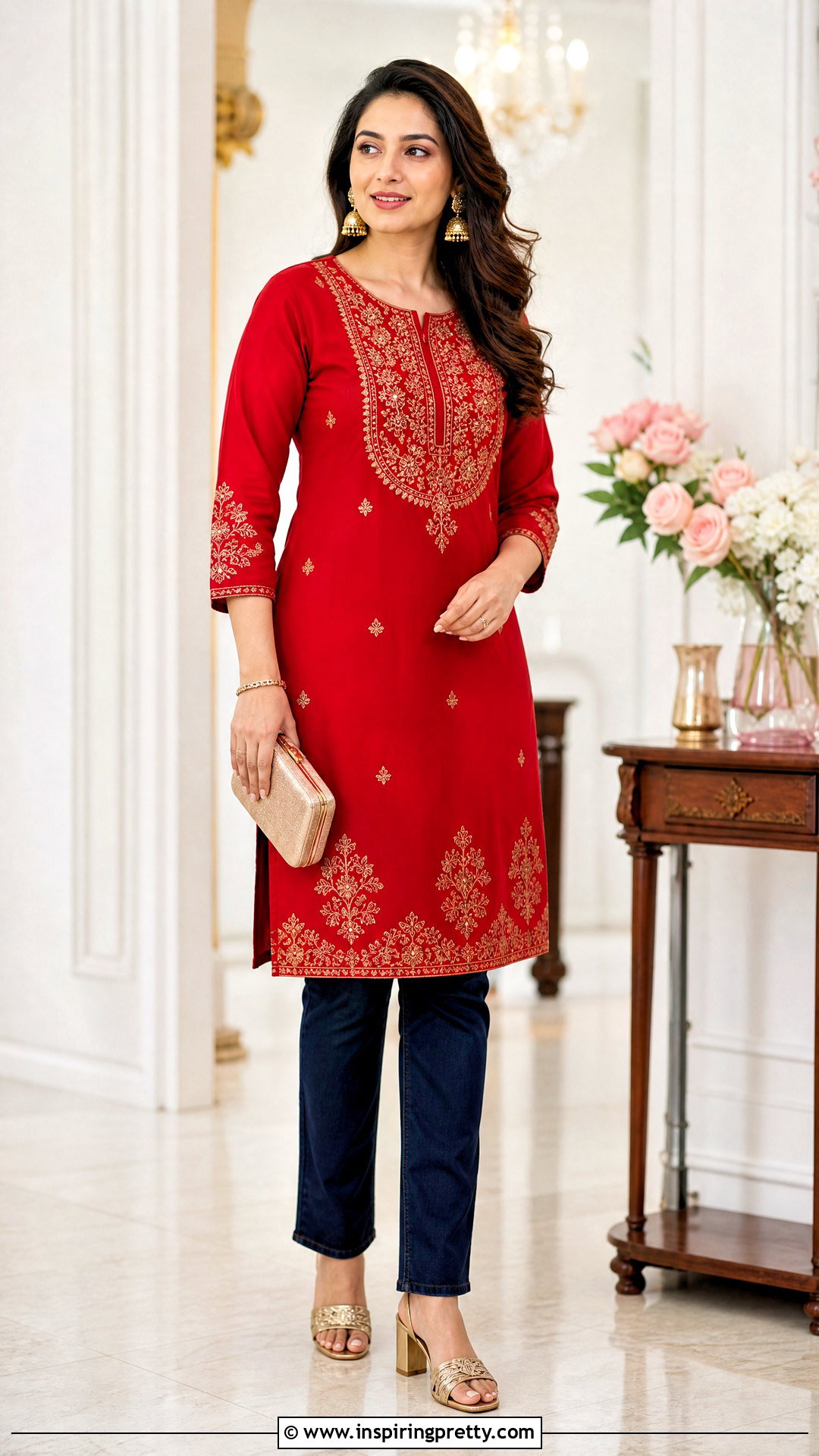 Red Embroidered Kurti With Dark Jeans - 50 kurti tops for jeans