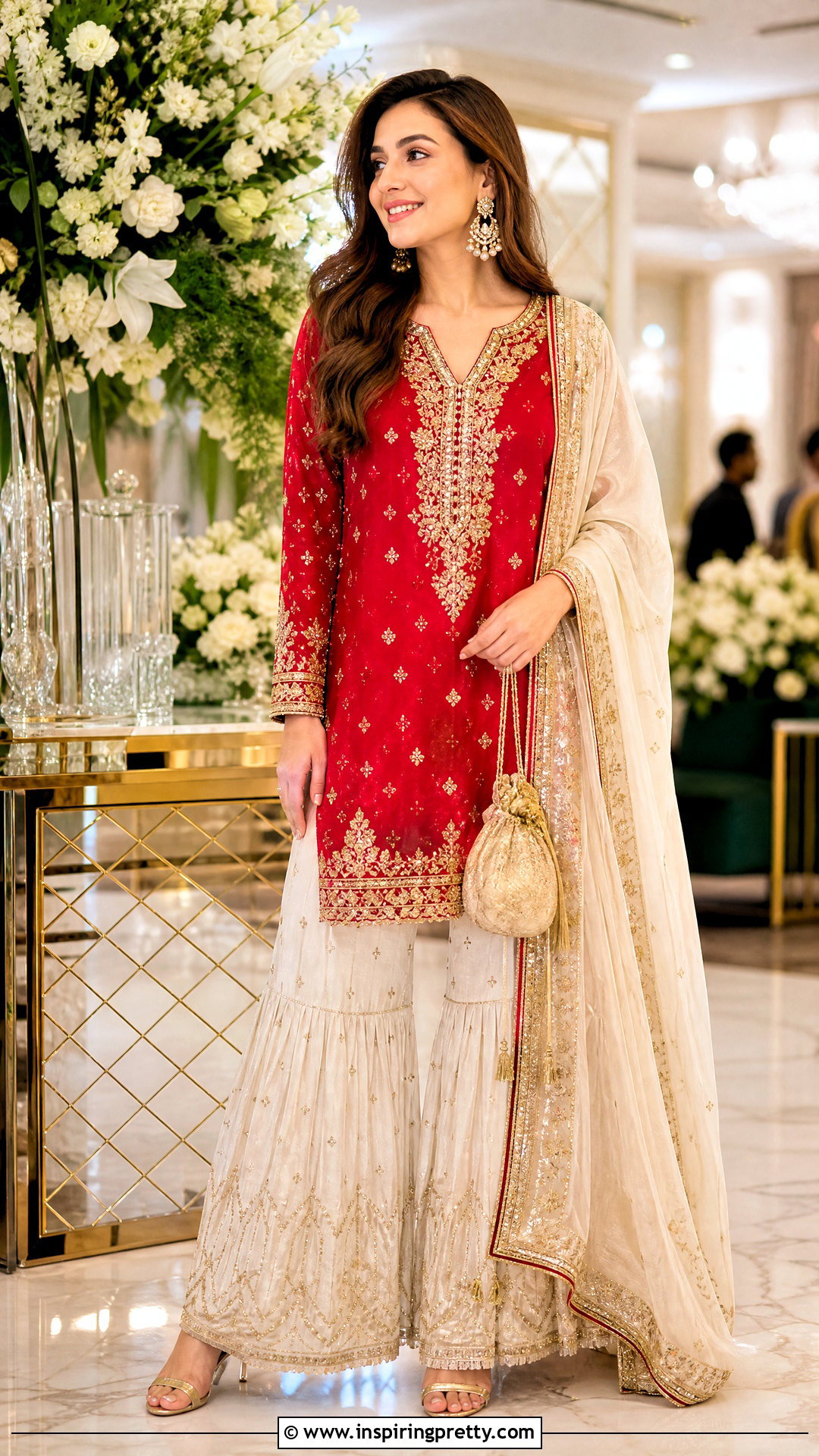 Red Embroidered Short Kurtha Top With Sharara Pants - 20 Short Kurtha Tops For Women