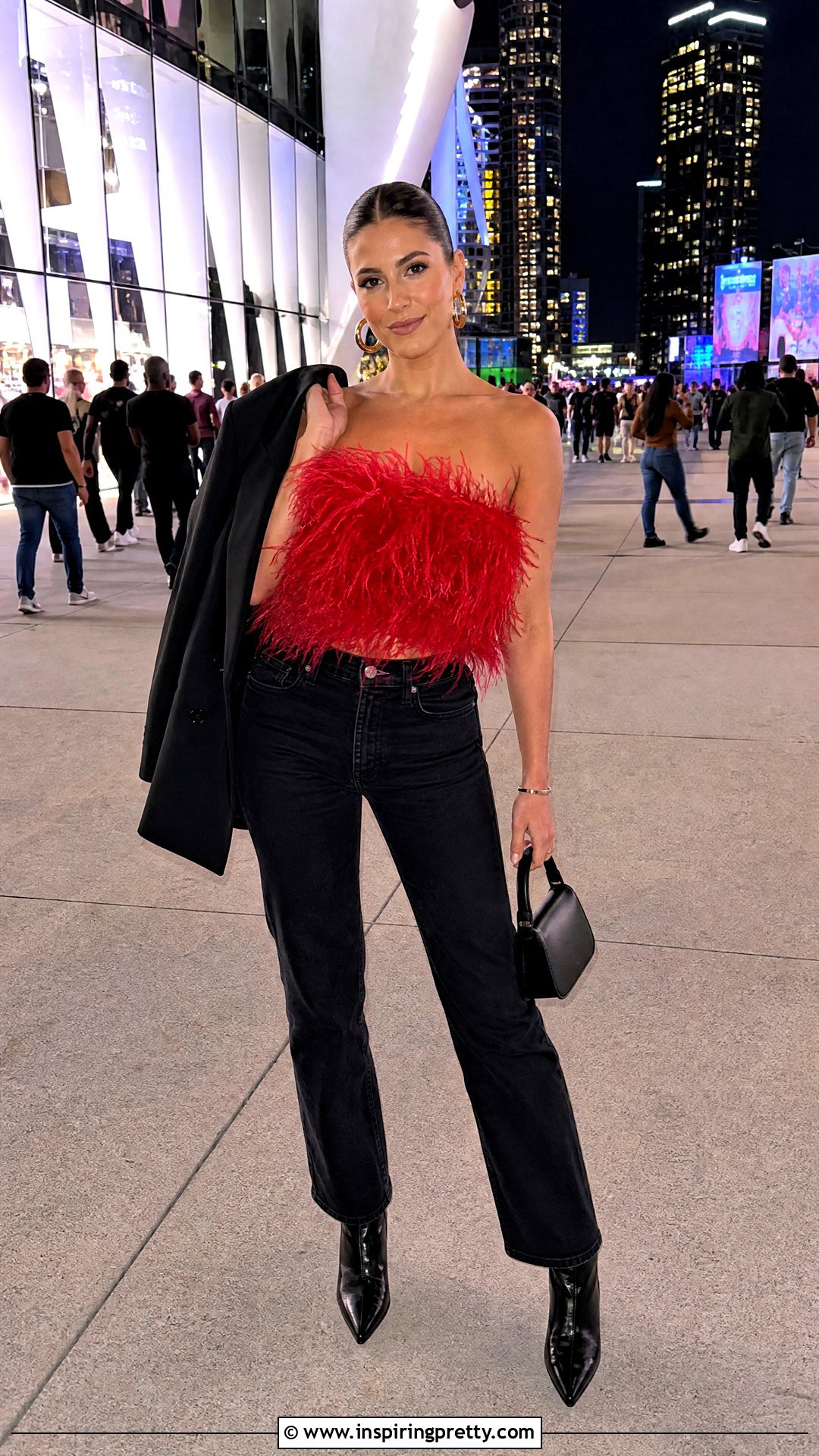 Red Feather Top With Black Jeans - 20 Feather Top Fashion ideas