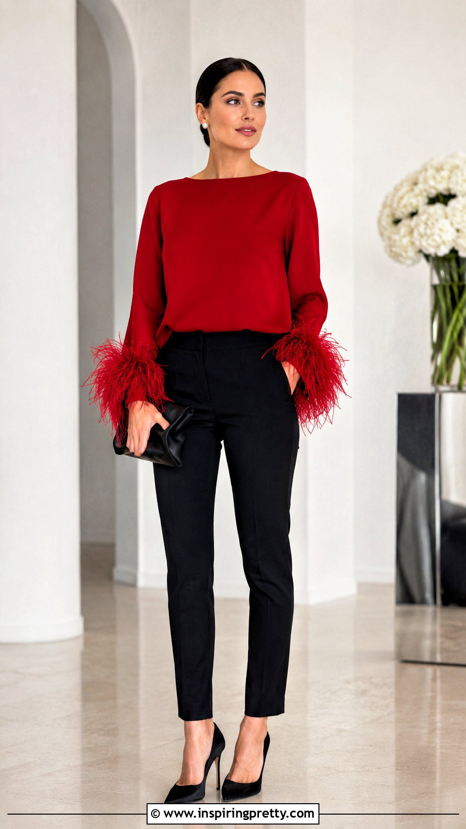 Red Feather Trim Top With Black Pants - 50 red top outfit party ideas