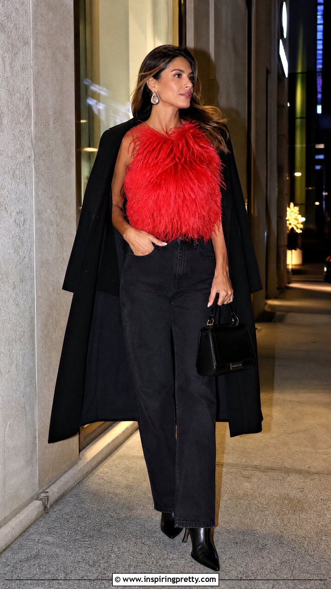 Red Feathery Top With Black Jeans - 25 Feathery Top Outfit ideas