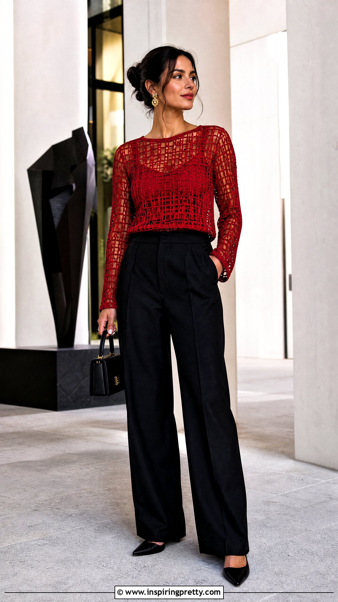 Red Filet Crochet Top With Black Trousers - 50 fillet crochet top outfit ideas