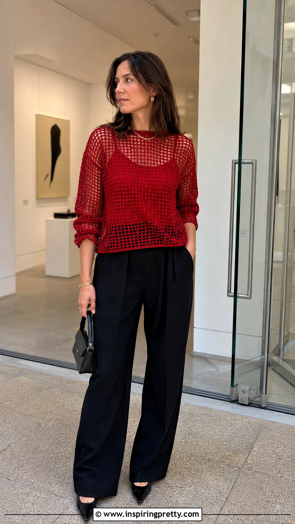 Red Filet Crochet Top With Black Trousers - 50 filet crochet top outfit ideas