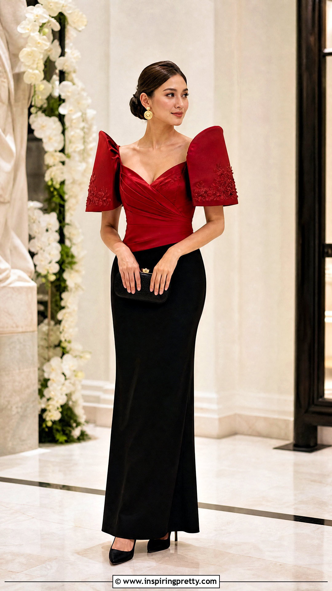 Red Filipiniana Top With Black Maxi Skirt - 50 filipiniana top outfit ideas