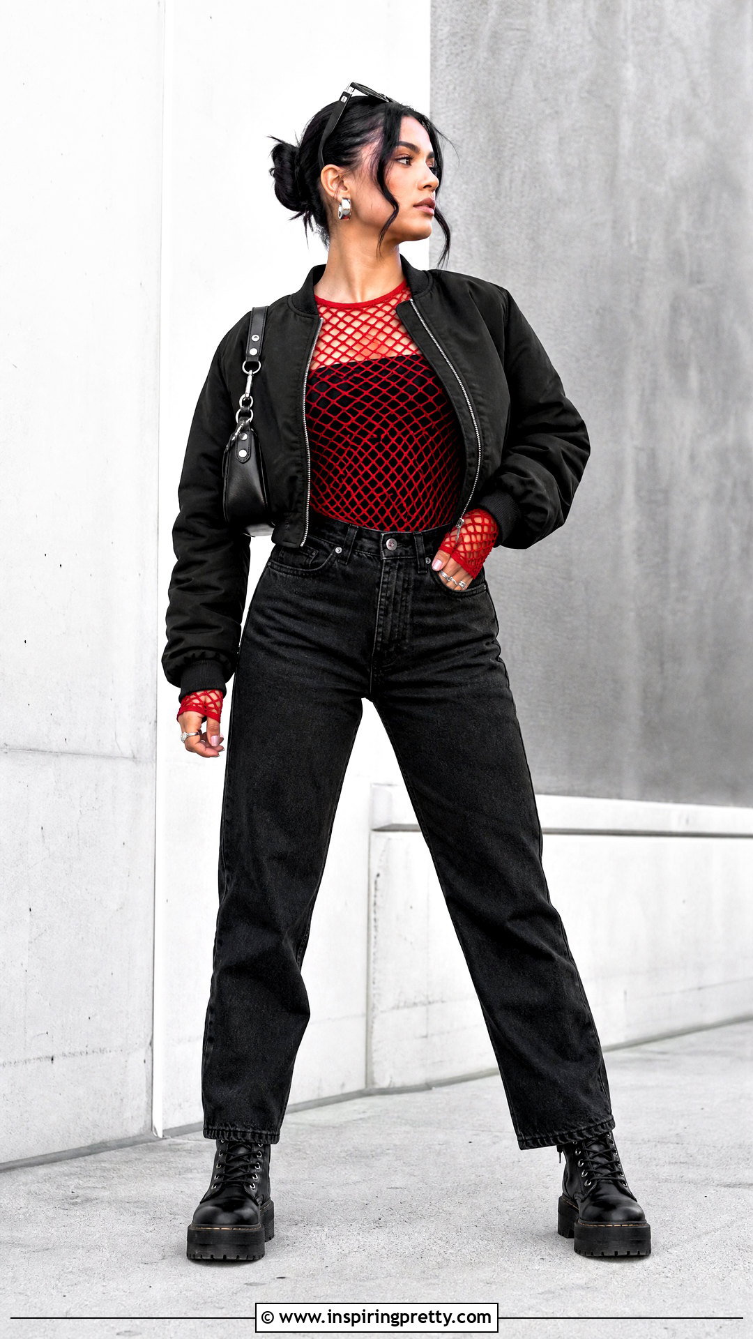 Red Fishnet Tights Top With Black Jeans - 25 Fishnet Tights As A Top Outfit Ideas