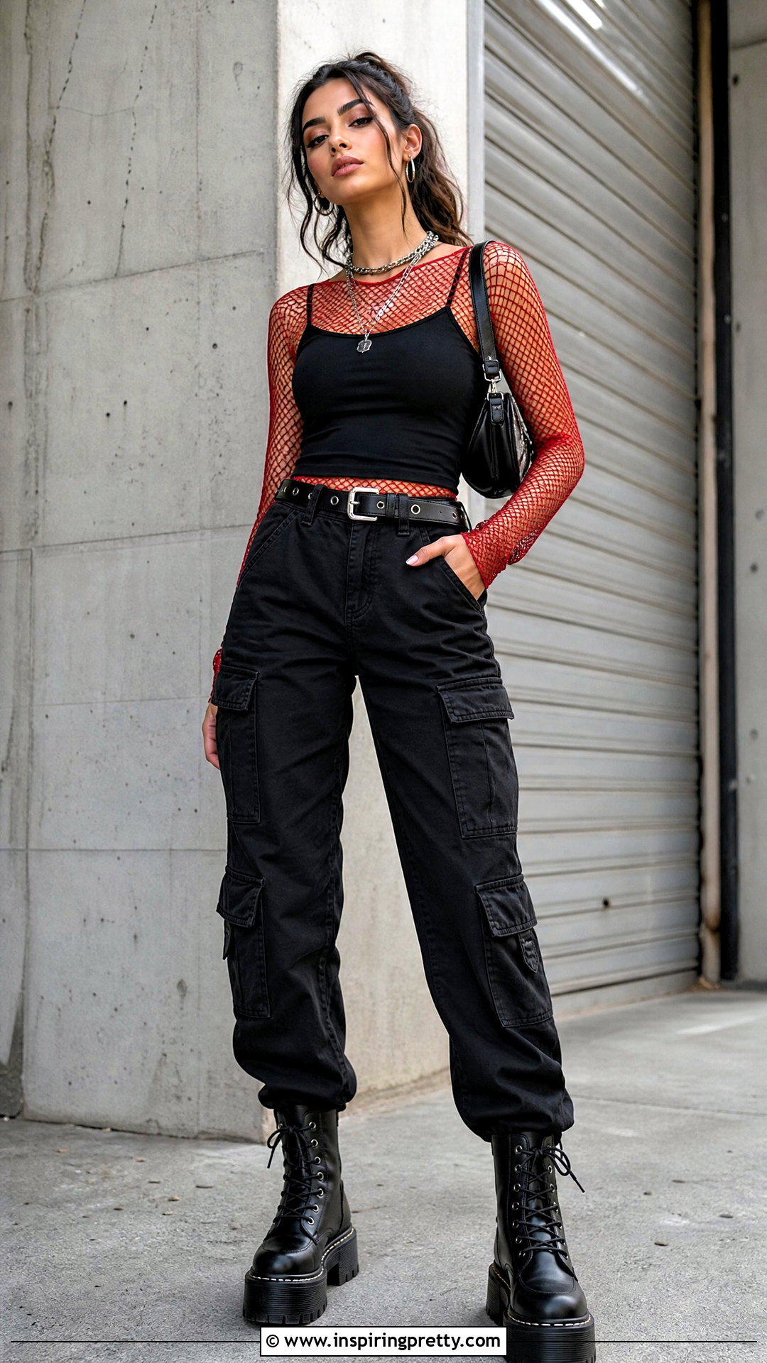 Red Fishnet Top And Black Cargo Pants Outfit - 20 fishnet top cargo pants