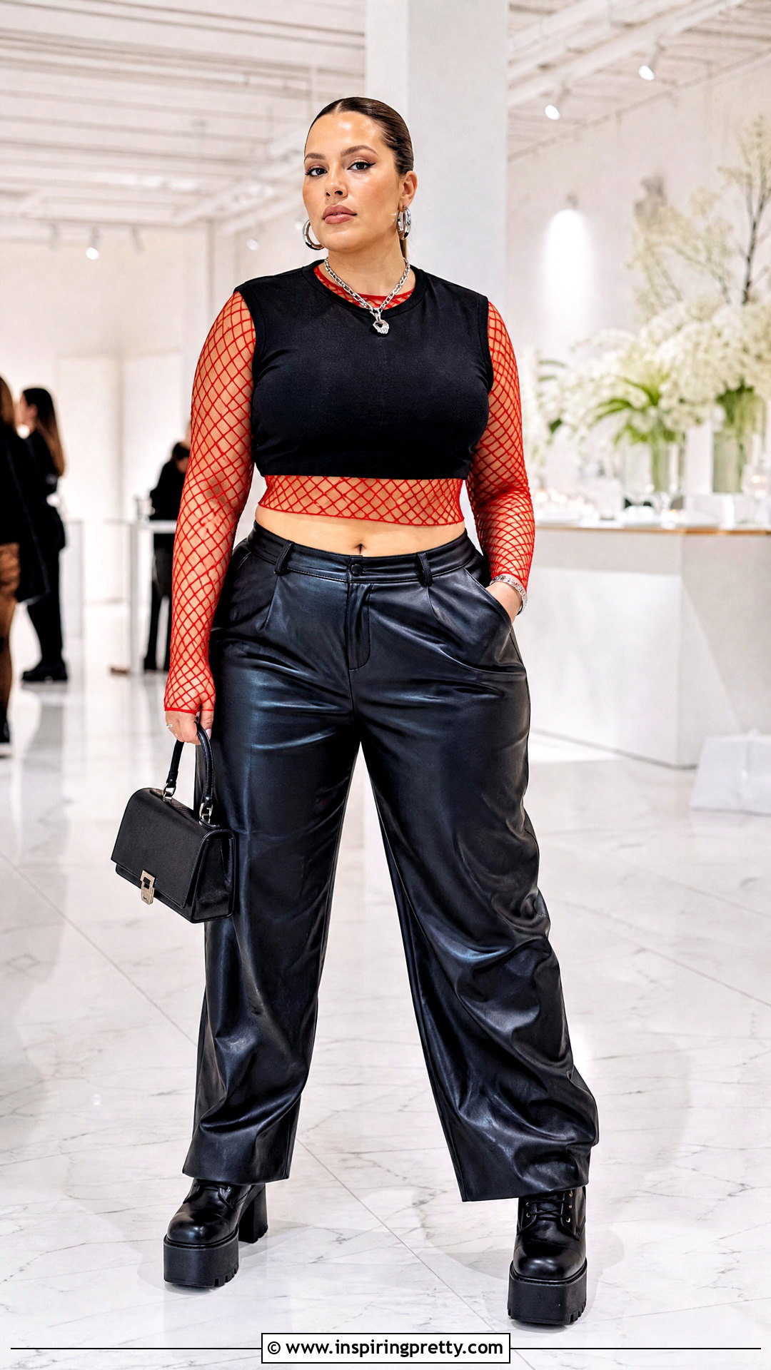 Red Fishnet Under Black Crop Top With Faux Leather Pants - 25 Fishnet Under Crop Top outfit ideas