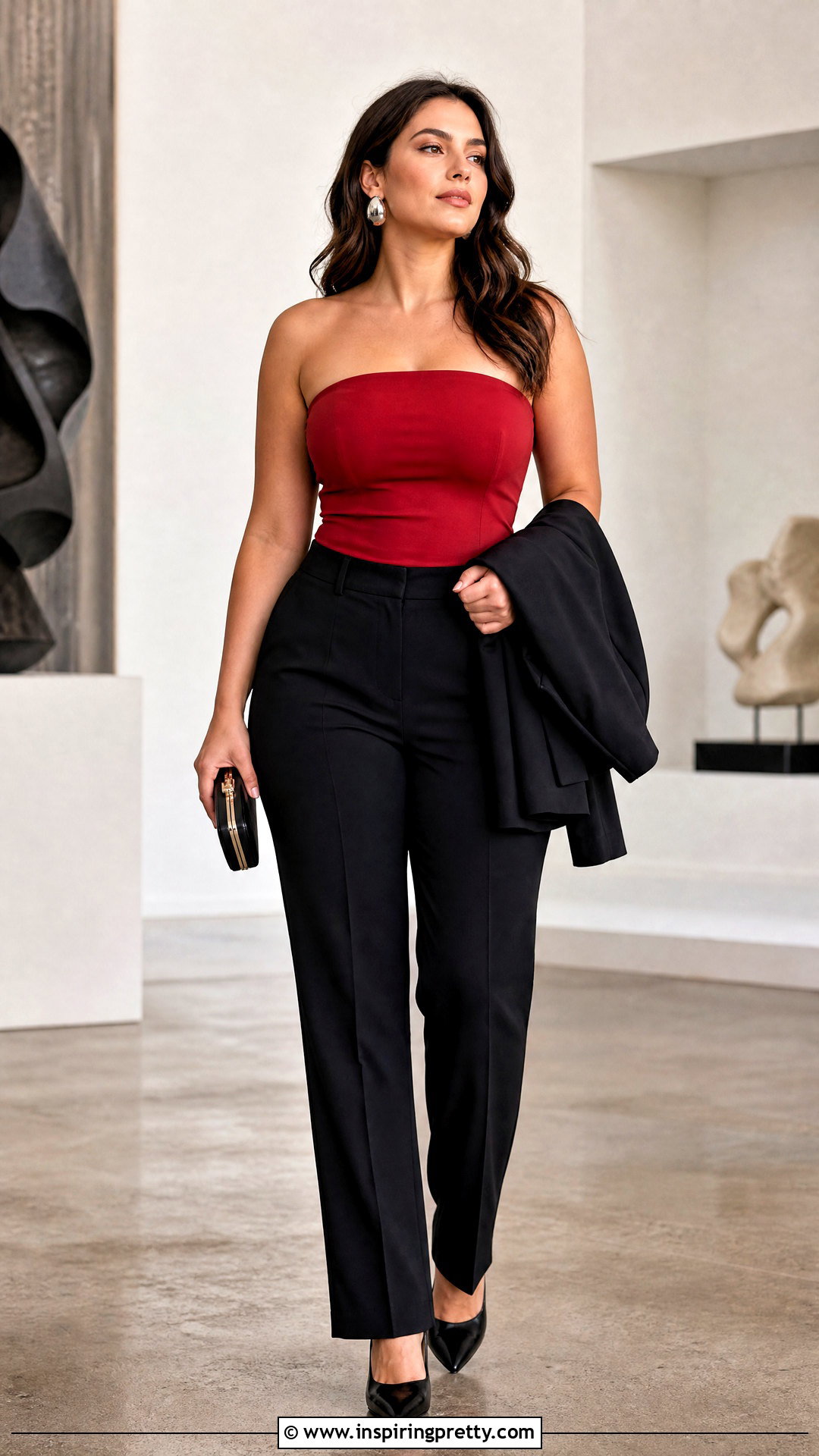 Red Fitted Strapless Top With Black Trousers - 25 fitted strapless top outfit ideas