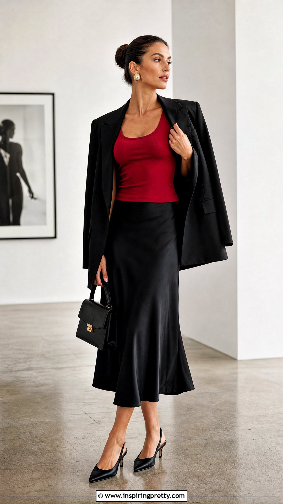 Red Fitted Tank Top With Black Satin Midi Skirt - 25 Red Fitted Tank Top outfit ideas