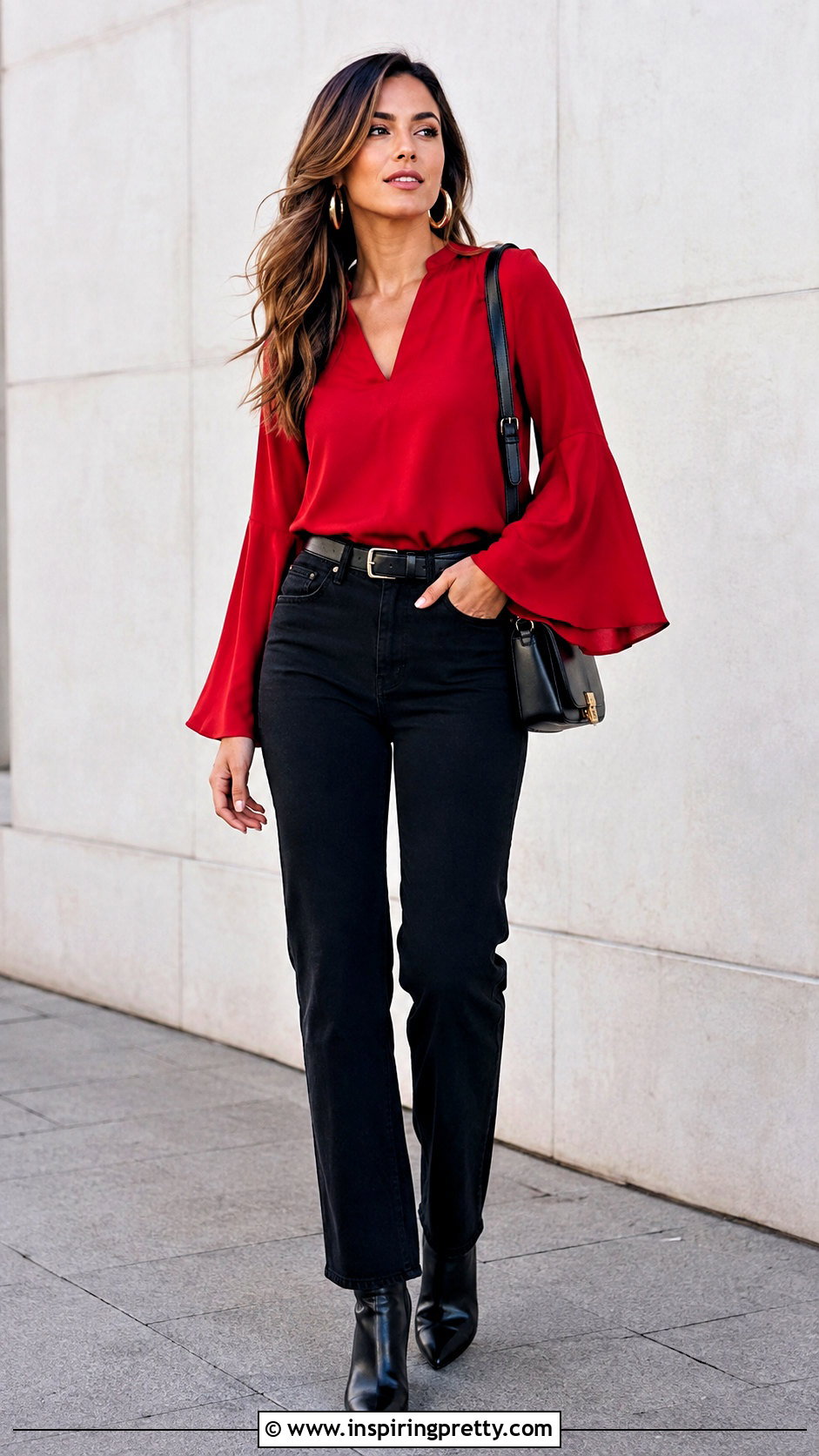 Red Flare Top With Black Jeans - 50 flare top outfit ideas