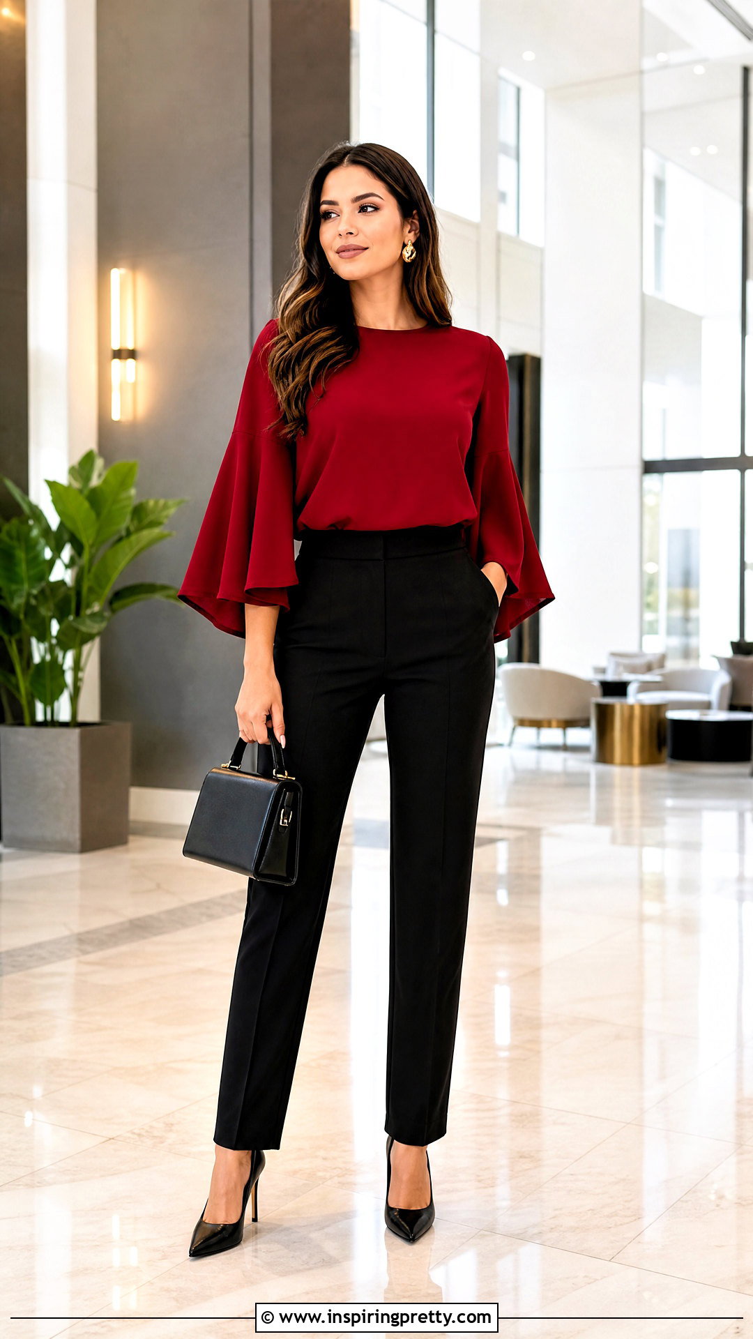 Red Flared Sleeve Top With Black Trousers - 50 flared sleeves tops